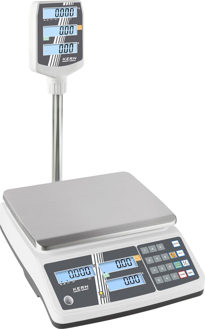 Elektronische Waage mit Display für Gewicht, Preis und Gesamtpreis. Geeignet für den Einsatz im Einzelhandel.