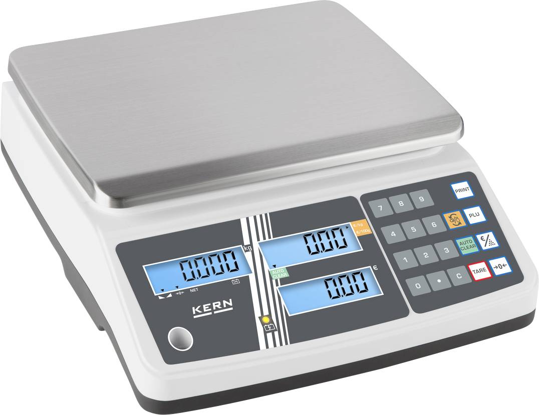 Elektronische Waage mit digitalem Display zeigt 0.000 an. Tastenfeld rechts mit mehreren Bedienelementen. Flache Edelstahlfläche oben.