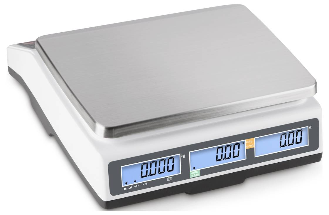 Digitale Waage mit weißem Gehäuse, Edelstahl-Oberfläche und beleuchtetem Display zeigt '0.00' in Kilogramm und Gramm an.