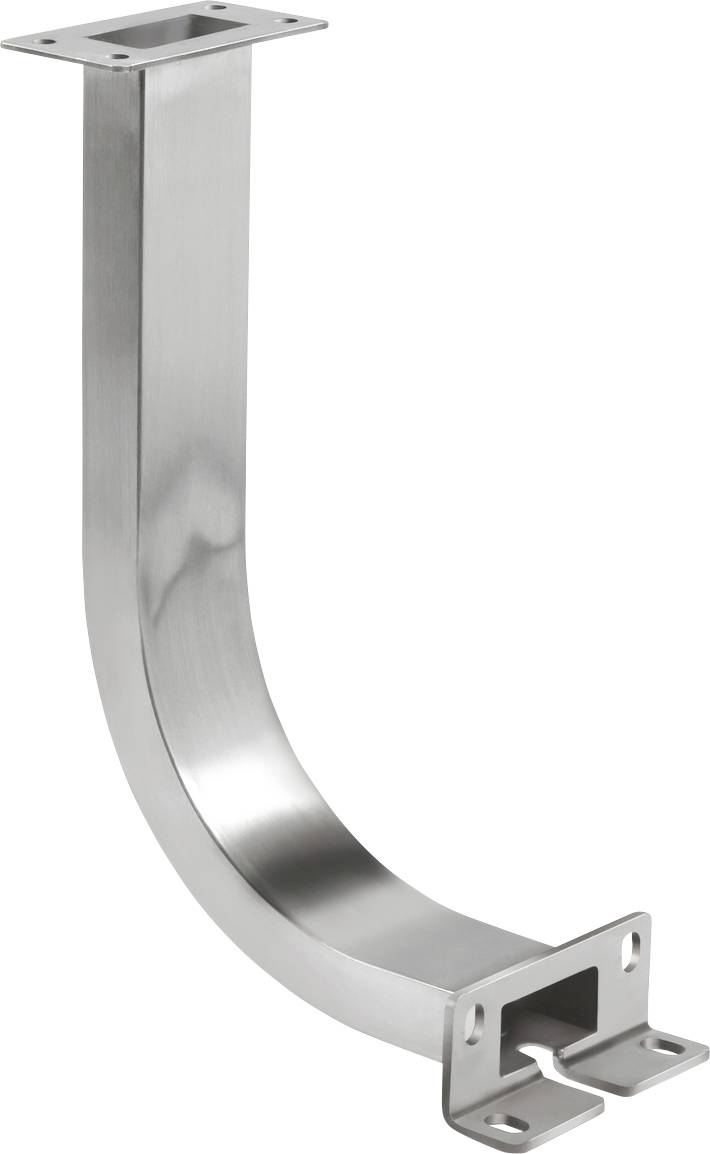 Metallische Rohrklemme in U-Form, silberfarben, mit zwei Montageplatten an den Enden. Geeignet zur Befestigung oder Halterung.