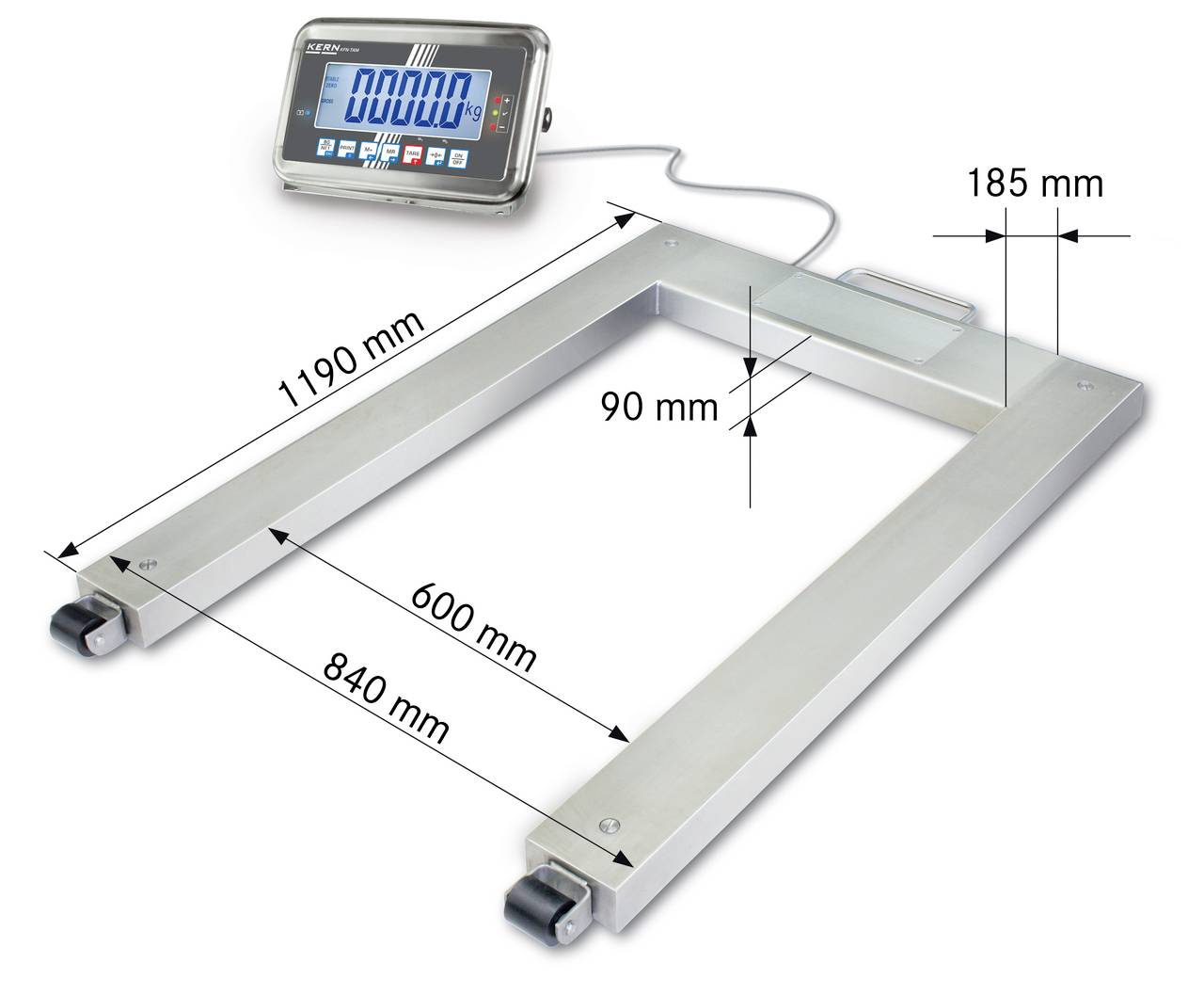 Eine digitale Waage mit U-förmiger Plattform, die Maße anzeigt: Länge 1190 mm, Breite 840 mm, Innenbreite 600 mm, Höhe 185 mm.