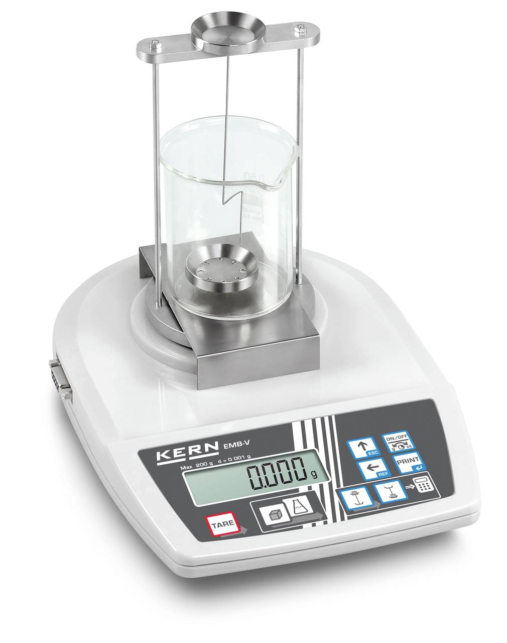 Eine digitale Waage mit einem Glasbehälter oben, zeigt 0,000 g auf dem Display an. Geeignet für präzise Messungen.