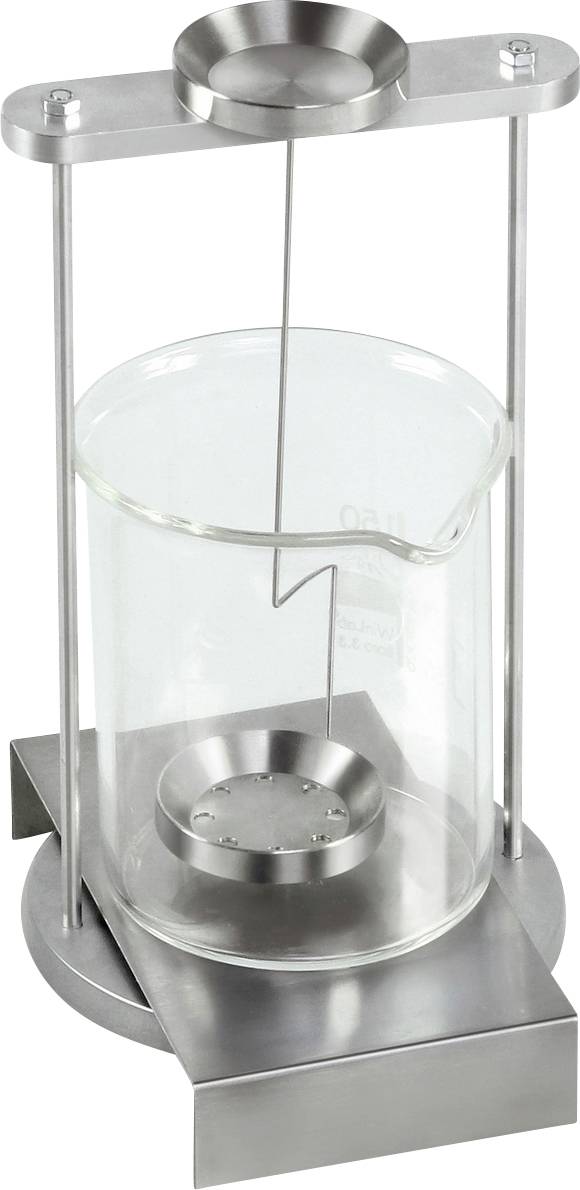 Ein Laborglasbecher steht auf einer Metallplattform mit einem darüber hängenden Sieb, das an Stäben befestigt ist.