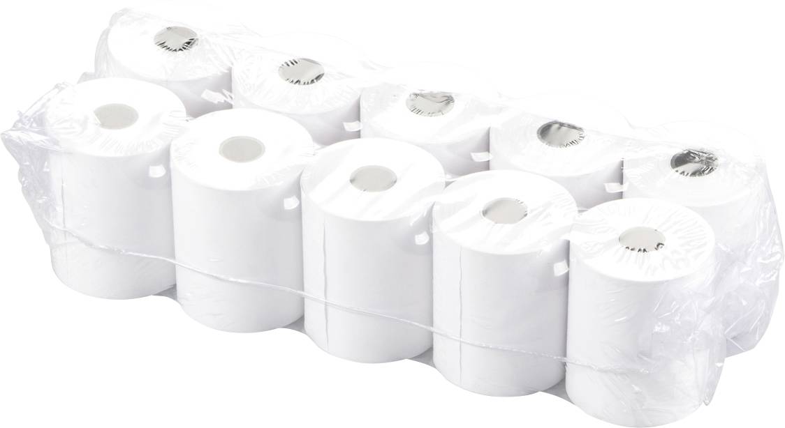 Eine Packung mit zehn Rollen weißen Toilettenpapiers, in durchsichtigem Plastik verpackt.