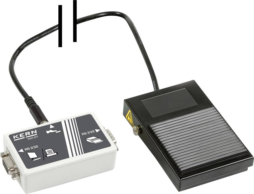 Fußschalter mit Verbindungskabel und Steuergerät. Zum Auslösen von Funktionen, z. B. bei Geräten mit RS-232 Schnittstelle.