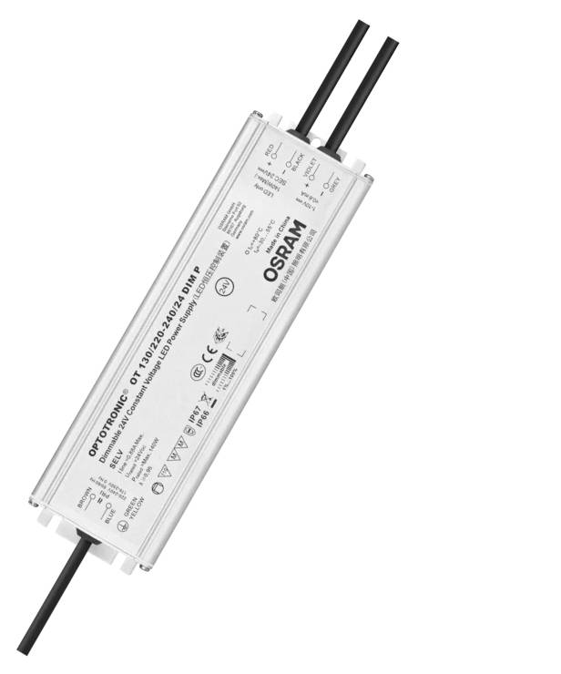 Osram LED-Treiber, rechteckiger Metallkörper, mit Beschriftungen und Symbolen, zwei schwarze Kabel an beiden Enden.