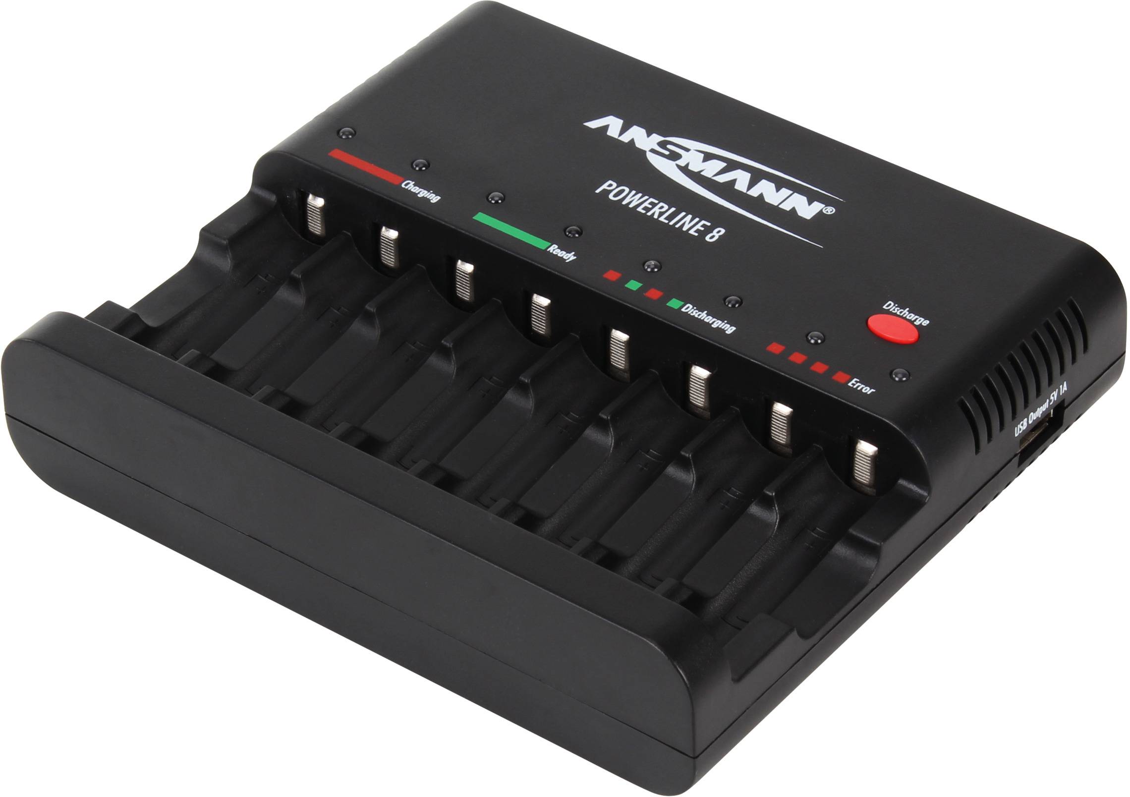 Achtfach-Batterieladegerät mit LEDs, das den Ladestatus anzeigt. Aufschrift: 'Ansmann Powerline 8'.