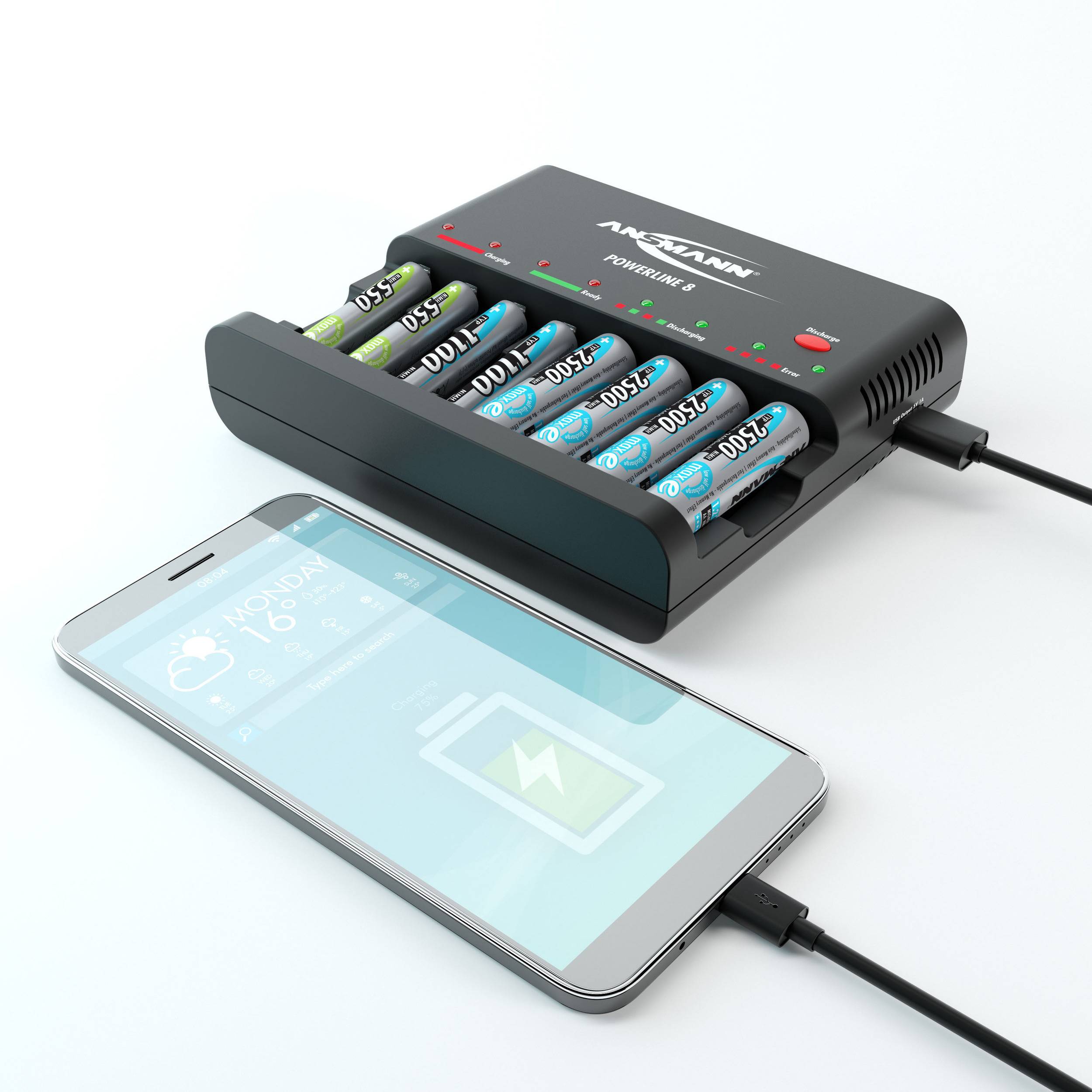 Ein Ladegerät lädt AA-Batterien und ein Smartphone. Das Telefon zeigt Wetter und Ladesymbol auf dem Bildschirm.