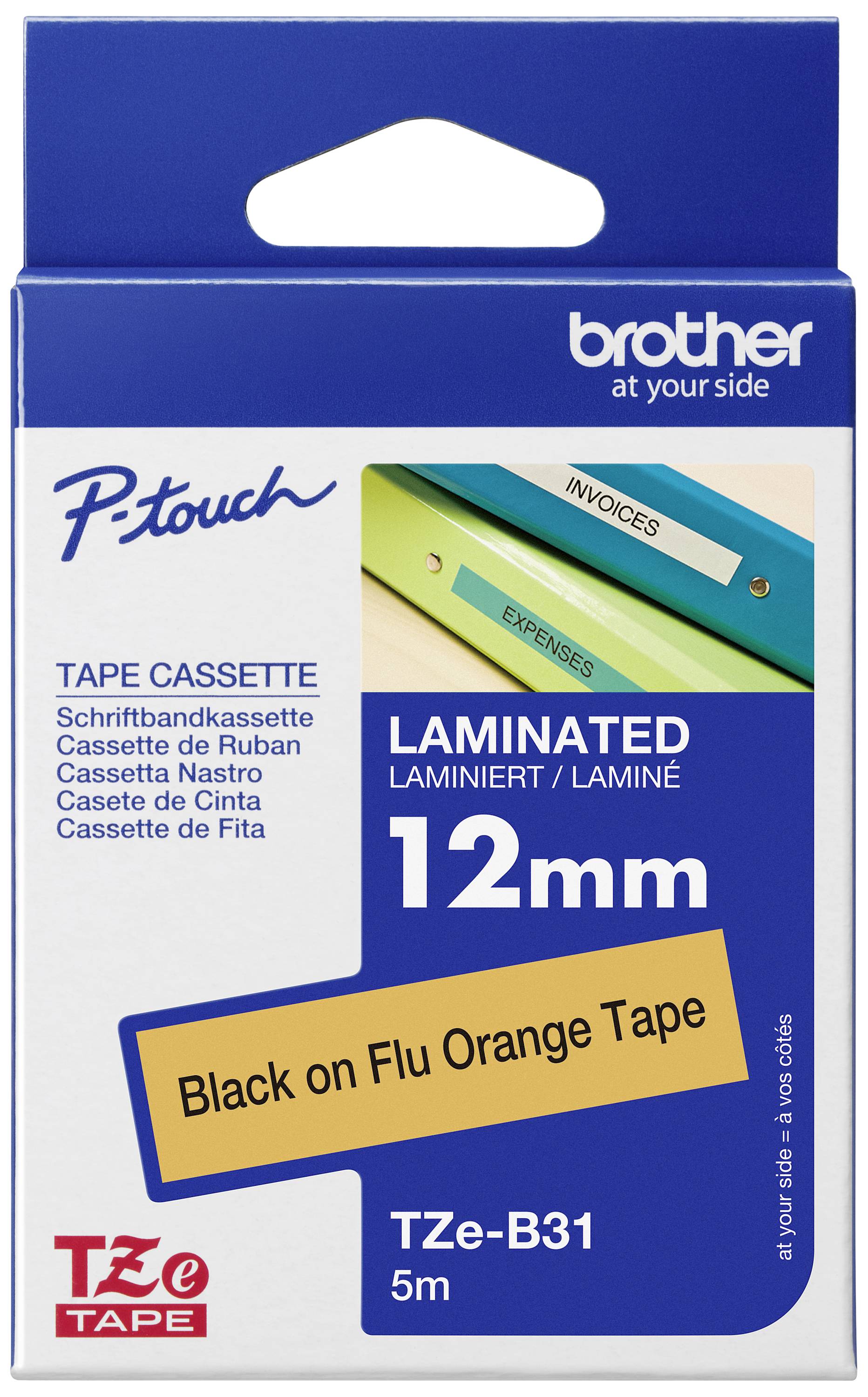 Verpackung einer Schriftbandkassette 'Brother P-Touch TZe-B31', 12 mm laminiert, schwarz auf fluoreszierendem Orange, 5 m Länge.