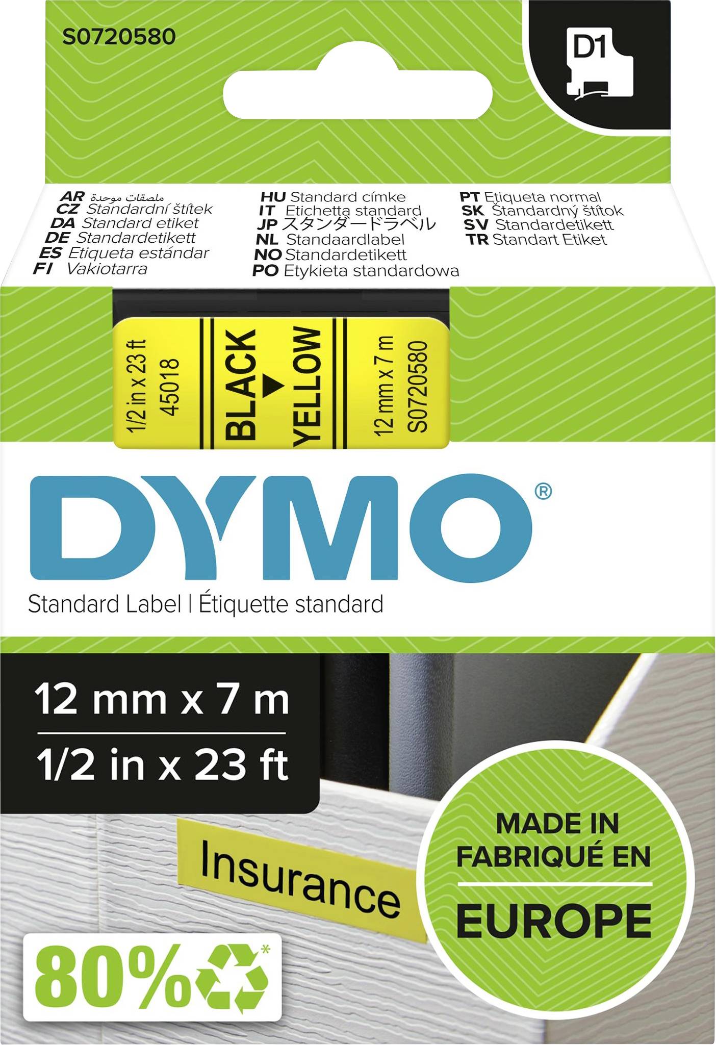 'DYMO'-Etikettenverpackung: Standard-Etiketten in Schwarz auf Gelb, 12 mm x 7 m, geeignet für Versicherungsmappen. Hergestellt in Europa.
