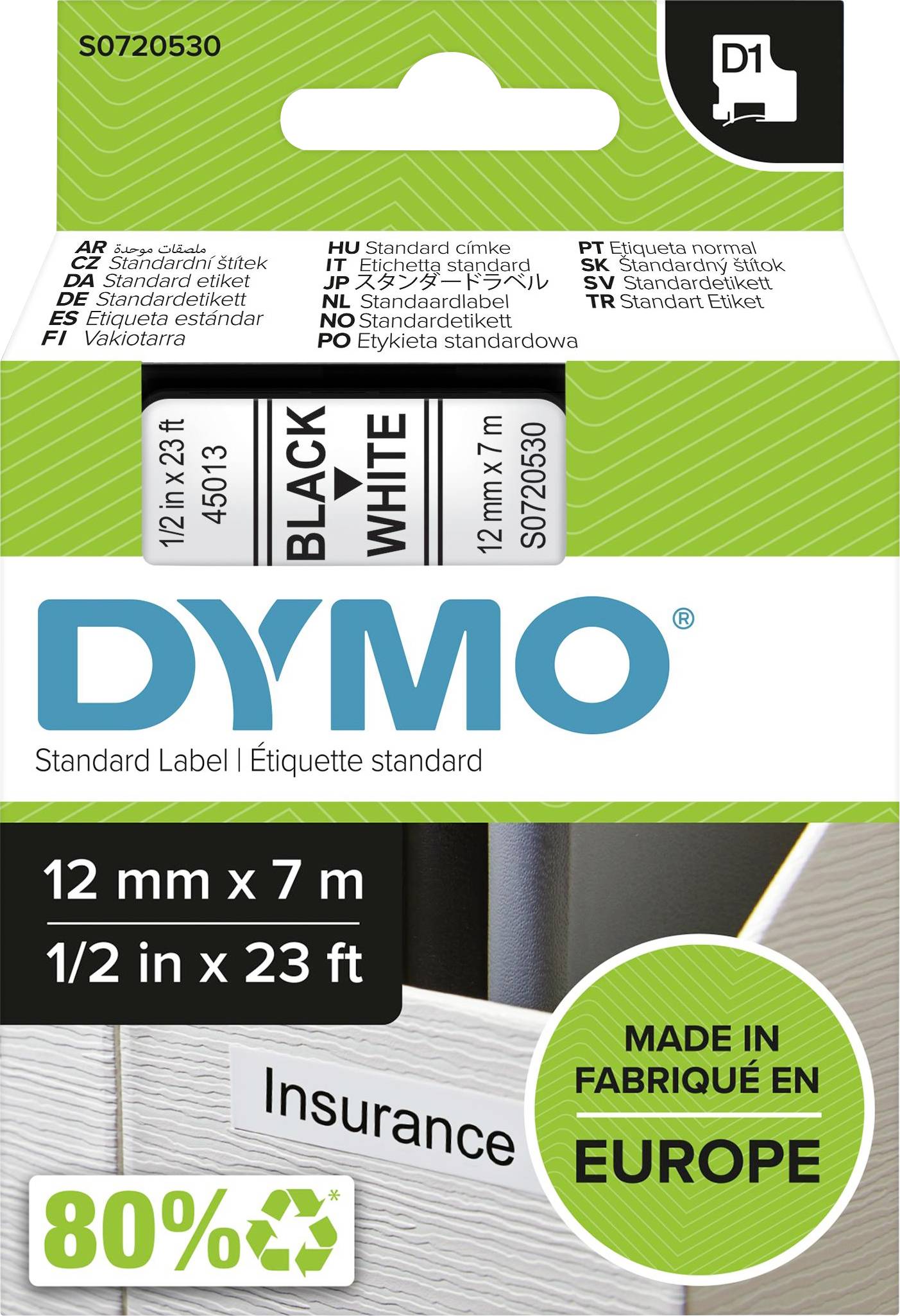 'DYMO'-Verpackungsetikett für schwarze Standardetiketten auf weiß. Größe: 12 mm x 7 m. Hergestellt in Europa, 80% recycelter Inhalt.