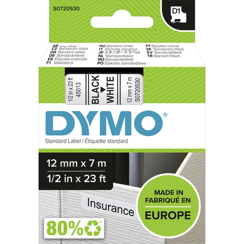 DYMO Schriftband D1 45013 Bandfarbe: Weiß Schriftfarbe:Schwarz 12mm 7m