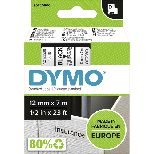 DYMO Schriftband D1 45010 Bandfarbe: Transparent Schriftfarbe:Schwarz 12 mm 7 m