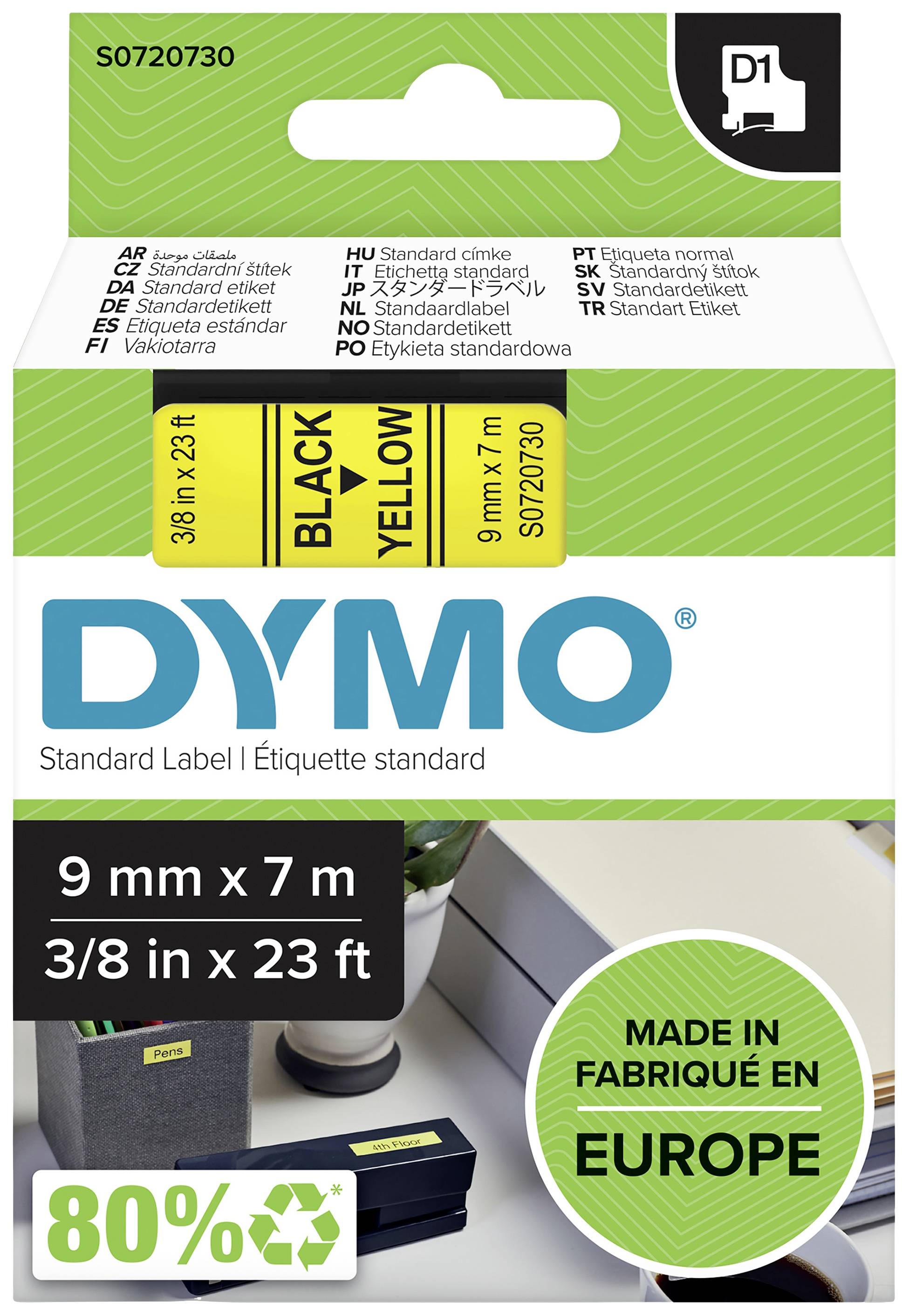 'DYMO'-Etikettenverpackung aus Europa, schwarz auf gelb, 9 mm x 7 m, umweltfreundlich (80% recyceltes Material).