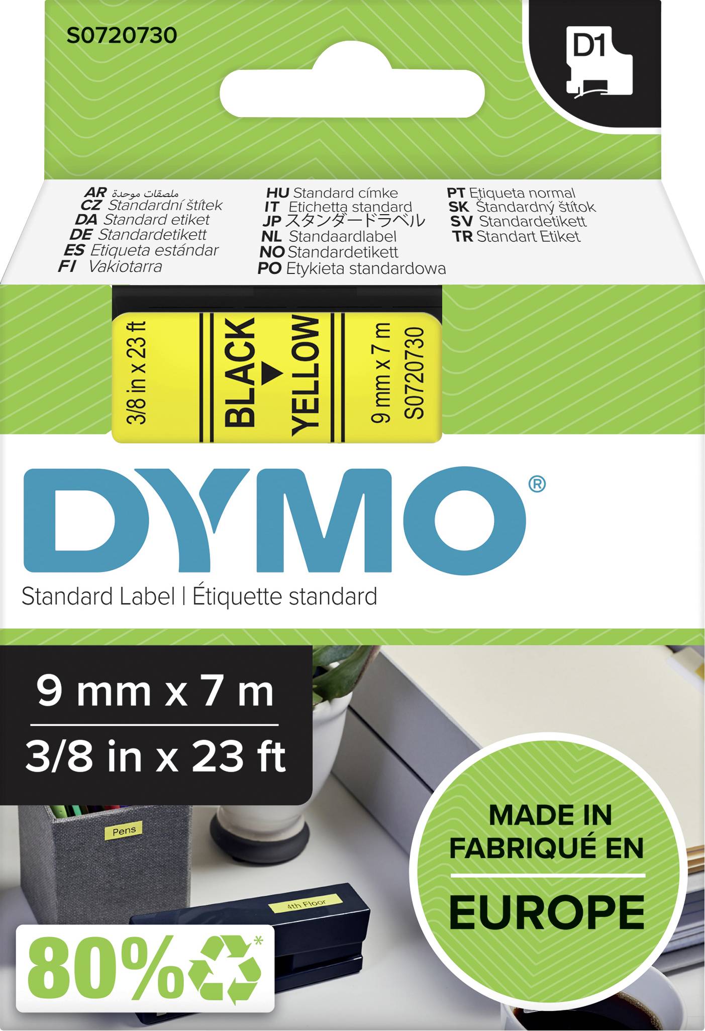 Dymo-Etikettenverpackung mit verschiedenen Sprachinformationen, Etikettengrößen 9 mm x 7 m, schwarz auf gelb, hergestellt in Europa.