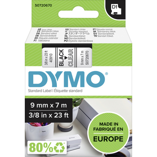 DYMO Schriftband D1 40910 Bandfarbe: Transparent Schriftfarbe:Schwarz 9mm 7m