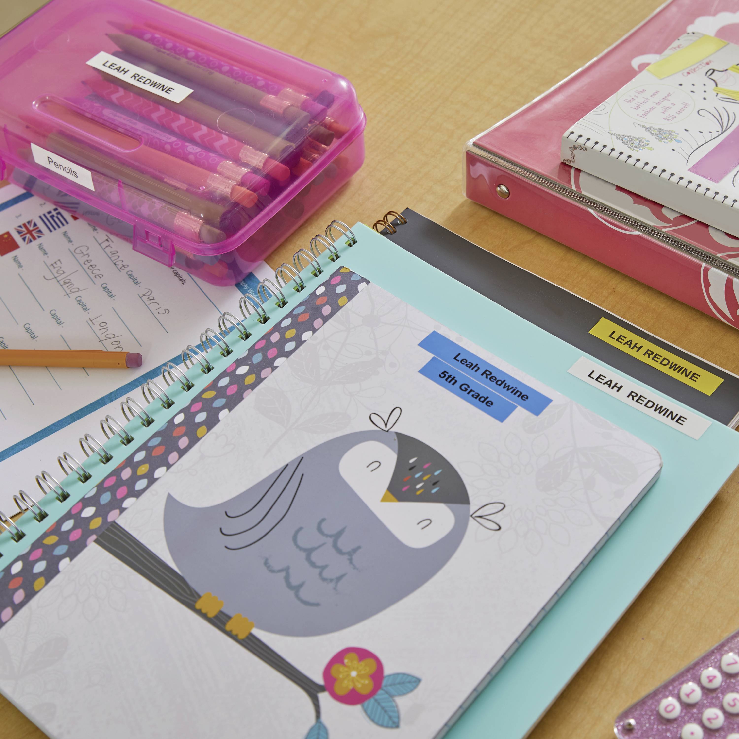 Schreibtisch mit Schulmaterialien: Hefte, Etui mit Stiften, Ordner und Notizblock. Notizblock hat Eulenmotiv, Etiketten mit 'Leah Redwine'.