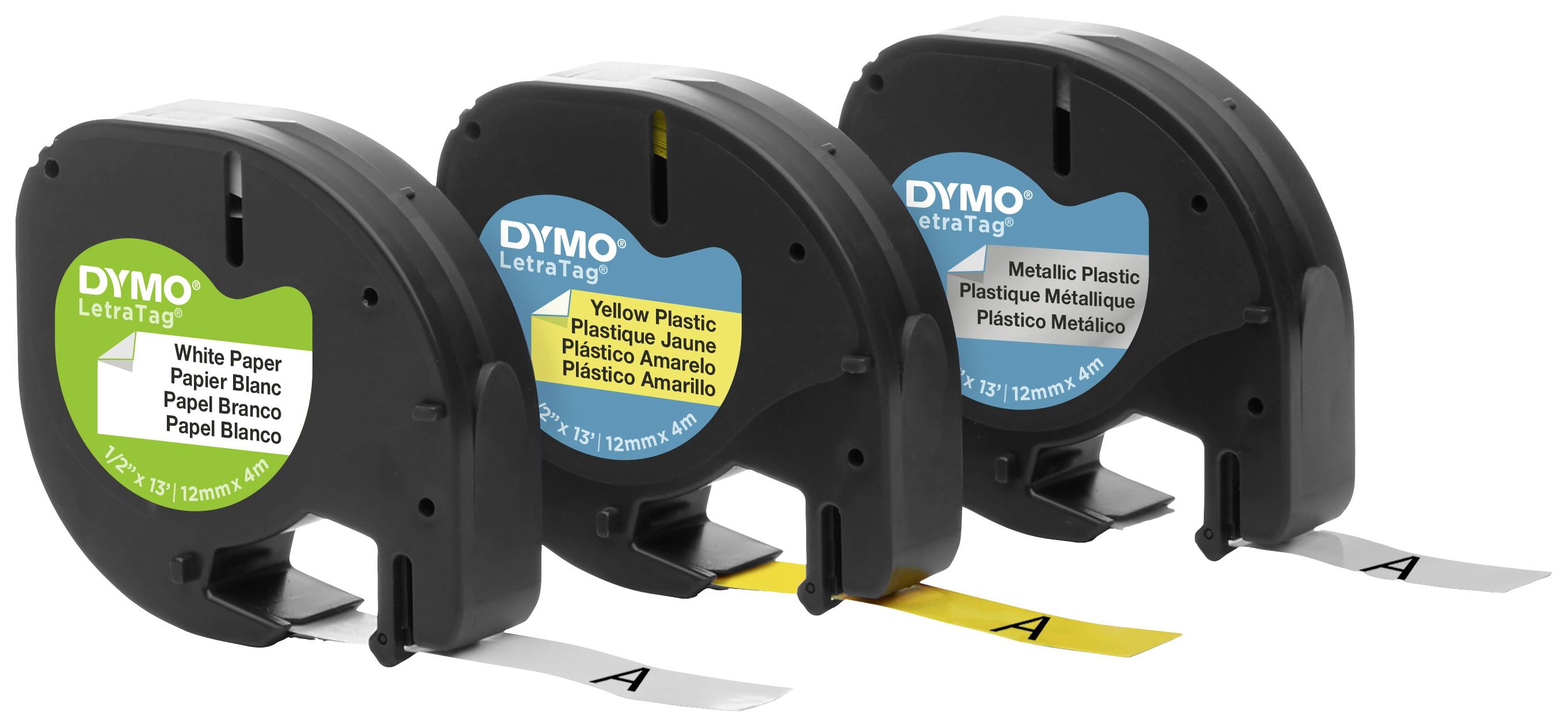 DYMO 91241 Schriftband 3er Set Bandfarbe: Hyper-Gelb, Silber, Weiß Schriftfarbe: Schwarz 12mm 4m S0721800