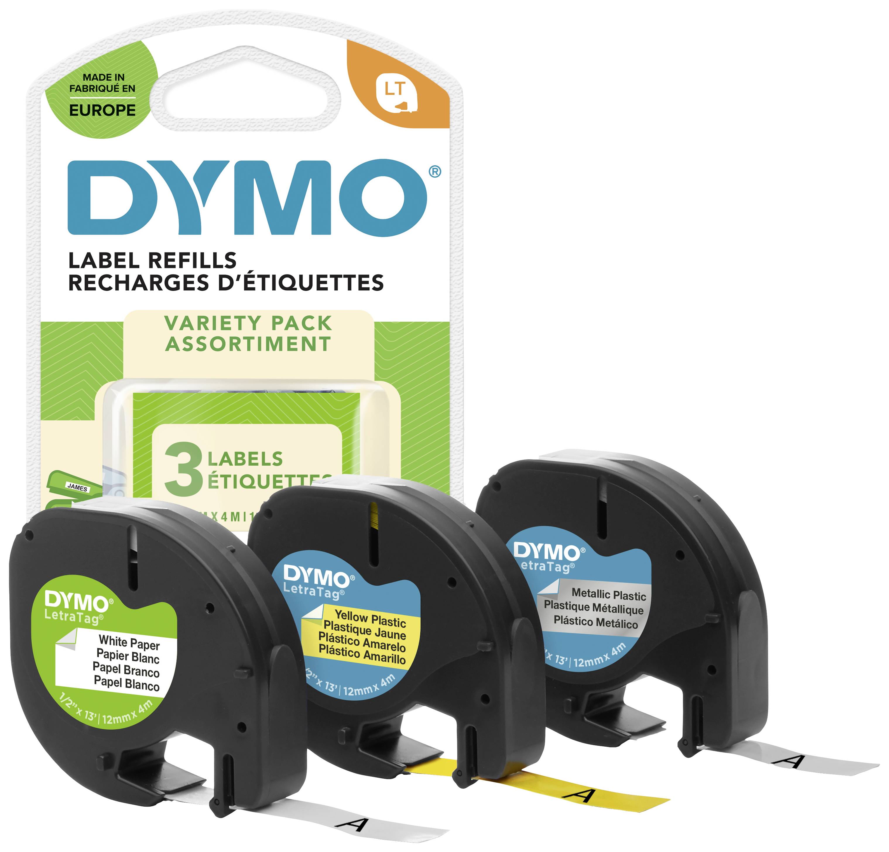 Drei DYMO Letratag Etiketten-Nachfüllpackungen in Weiß, Gelb und Metallisch vor einer Verpackung mit der Aufschrift '3 Labels'.
