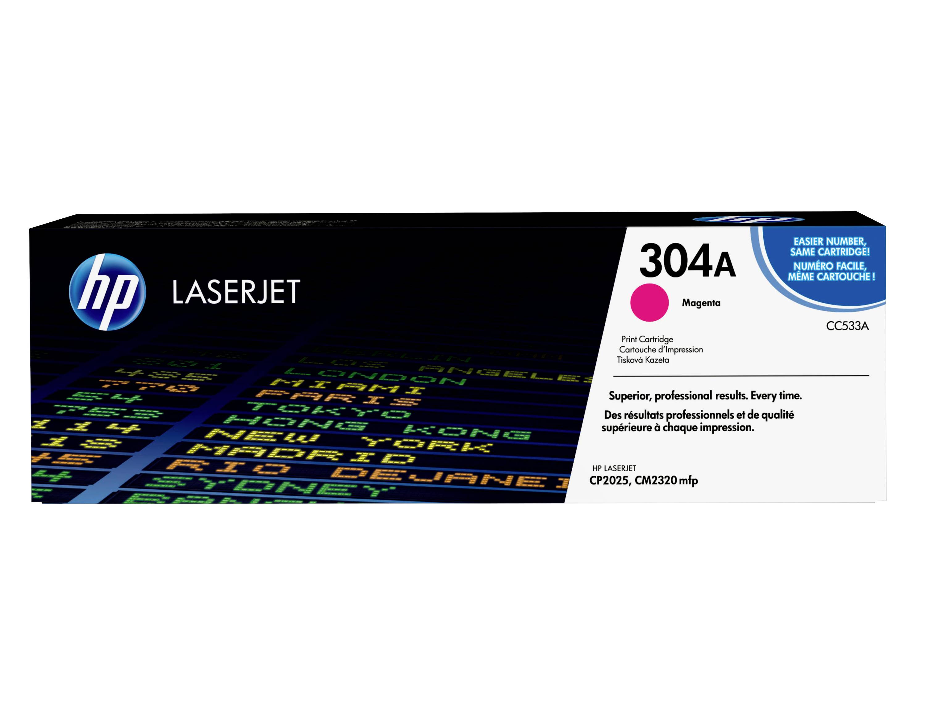 HP LaserJet 304A Magenta-Druckpatrone, Karton mit der Bezeichnung „CC533A