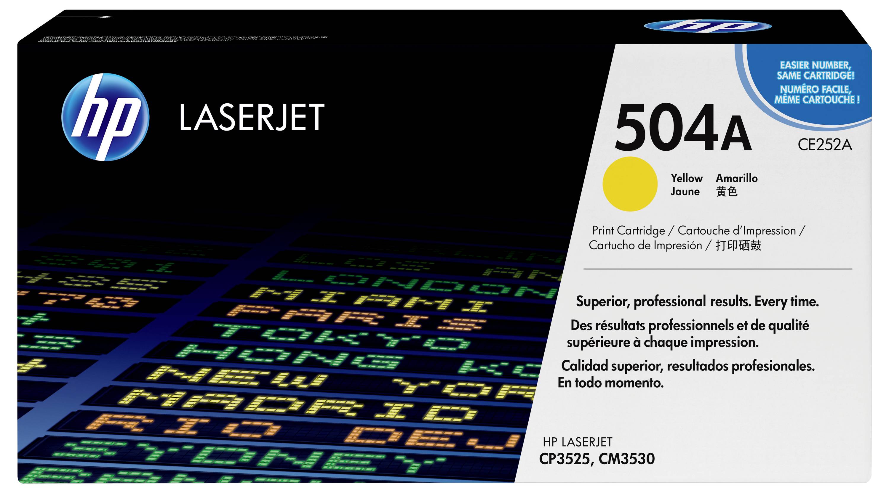HP LaserJet 504A Gelb-Druckkassette, Karton mit Bezeichnung CE252A für HP LaserJet CP3525 und CM3530 Drucker.
