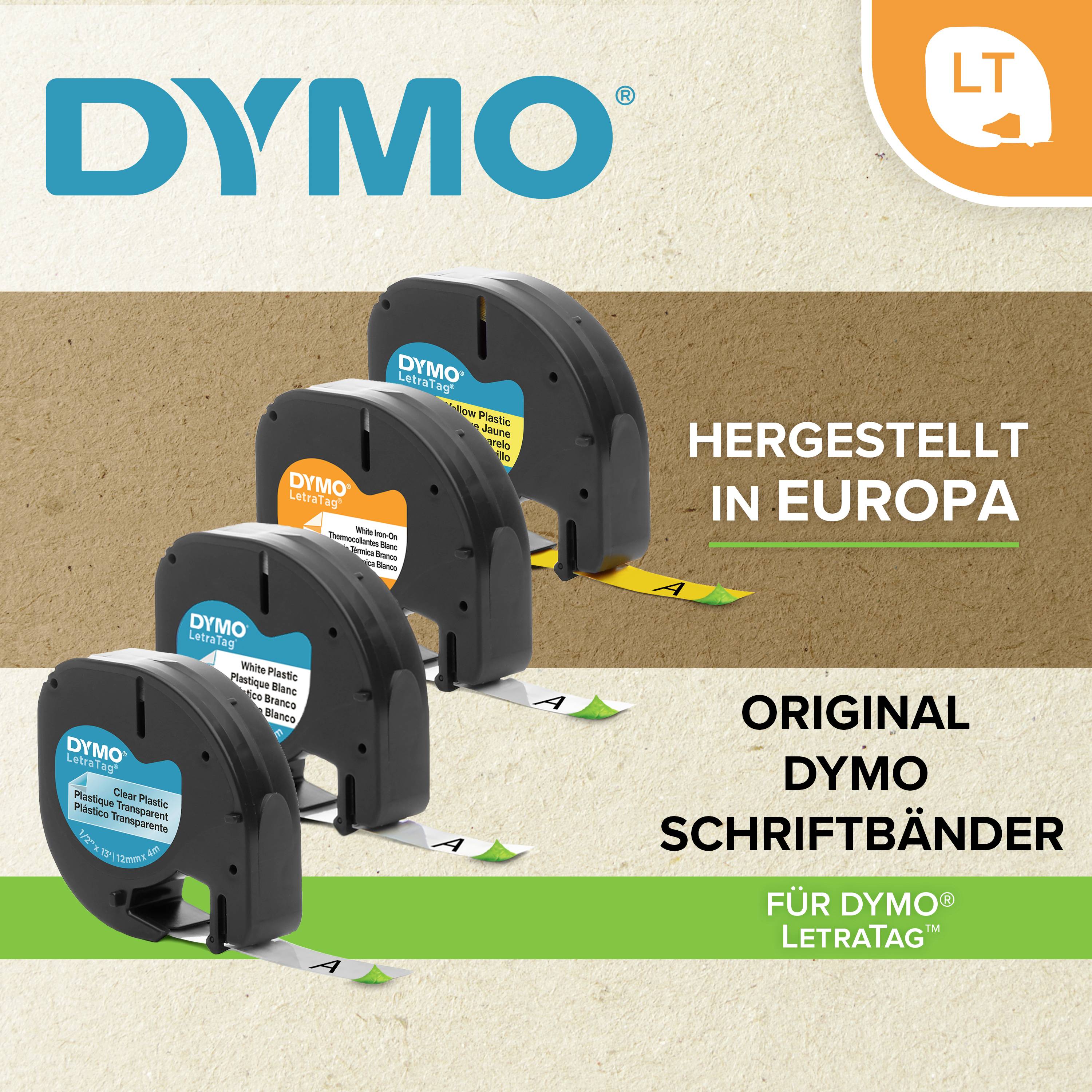 Original Dymo LetraTag-Schriftbänder, hergestellt in Europa. Vier Kassetten in verschiedenen Farben nebeneinander angeordnet.