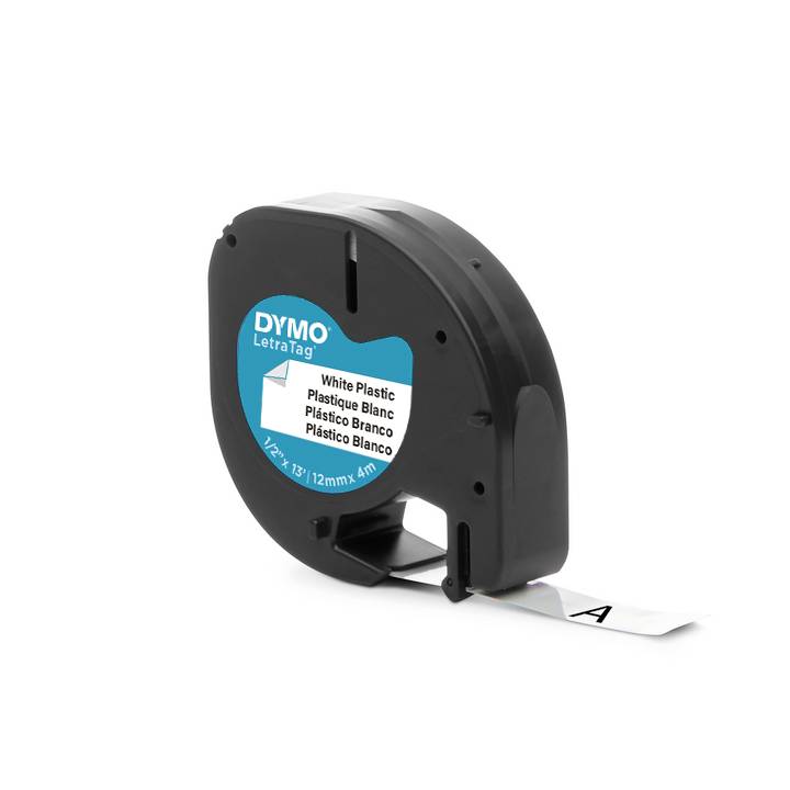 Etikettenbandkassette von Dymo mit weißem Kunststoffband, 12 mm breit, 4 m lang, für den Einsatz mit LetraTag Etikettiergeräten.