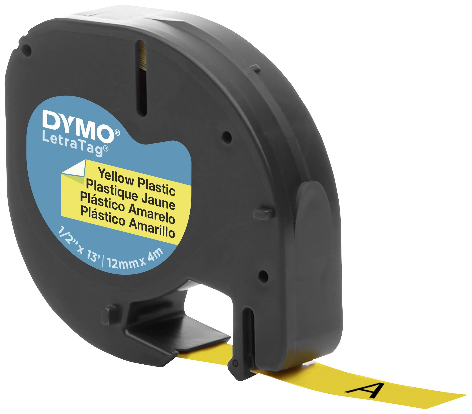 Ein schwarzes Dymo LetraTag Bandkassette mit gelbem Plastikband, das an der Unterseite herauskommt, ist abgebildet.