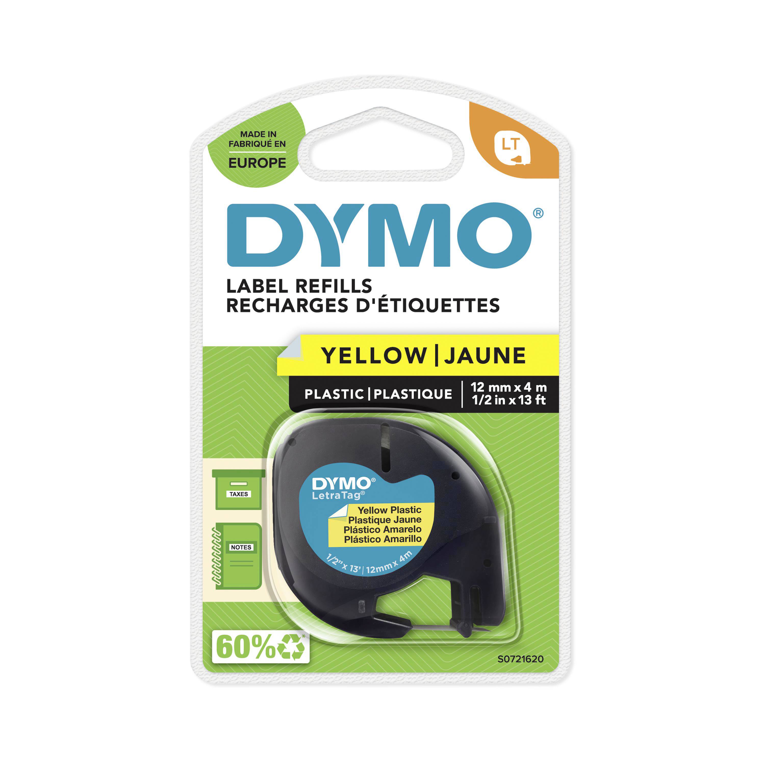 Eine wiederbefüllbare DYMO-Etikettenkassette, gelb, für den LT LetraTag, 12mm breit, 4m lang. Enthält 60% recycelte Materialien.