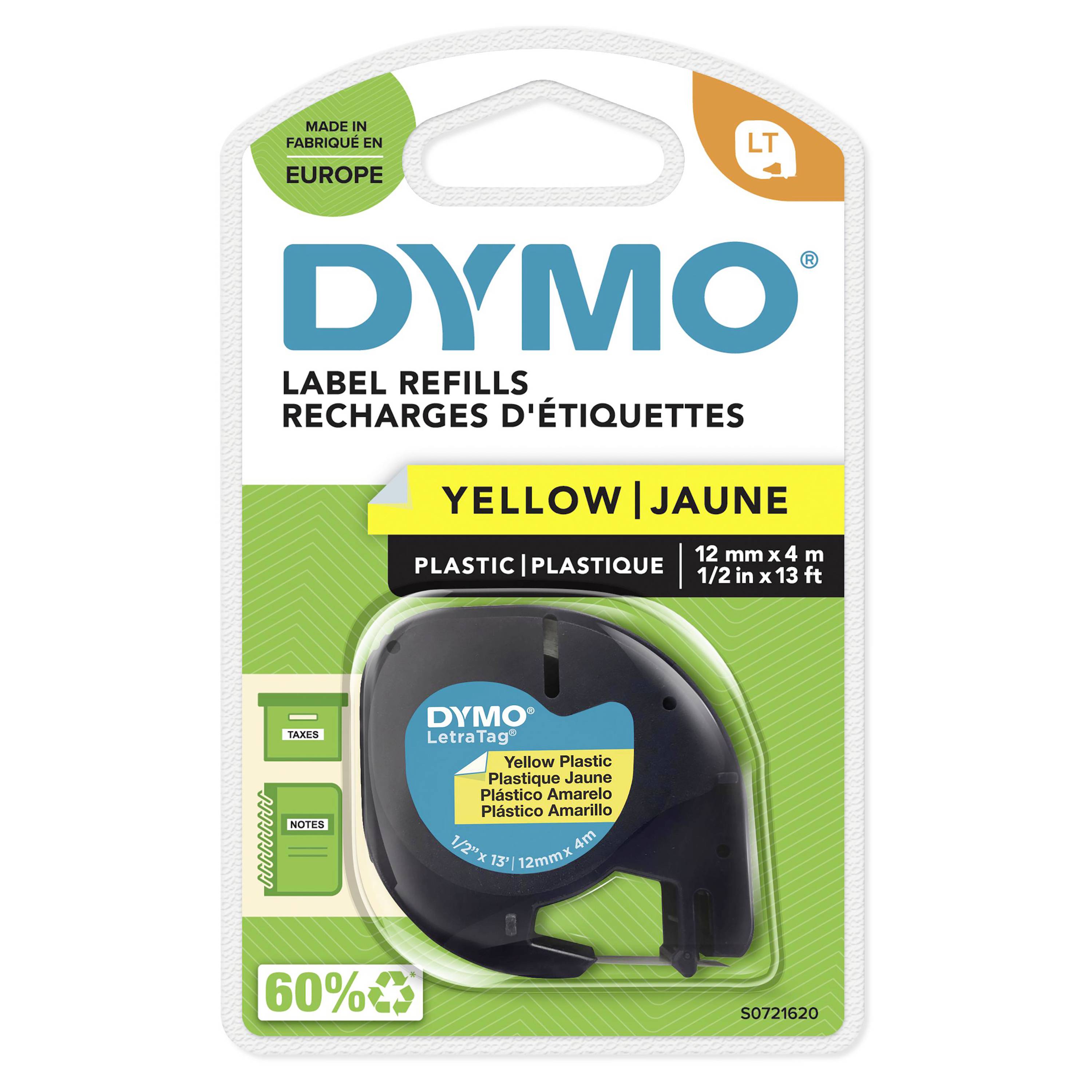 Eine Verpackung für Dymo Label-Nachfüllungen. Enthält gelbes Kunststoffband, 12 mm x 4 m, hergestellt in Europa, 60% recycelt.