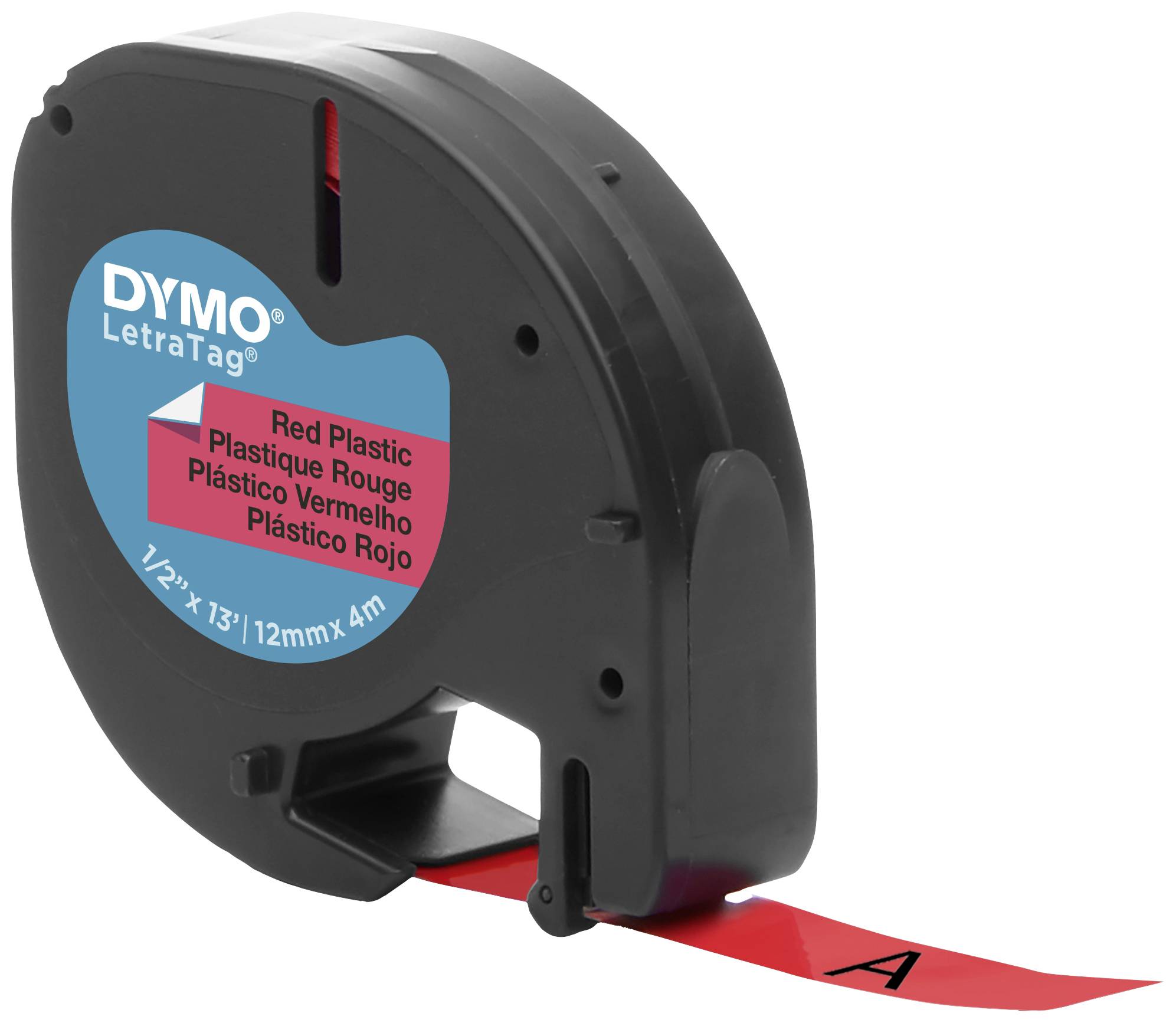 Schwarzes Dymo LetraTag-Gerät mit rotem Plastik-Band nähert sich dem Buchstaben 'A'.