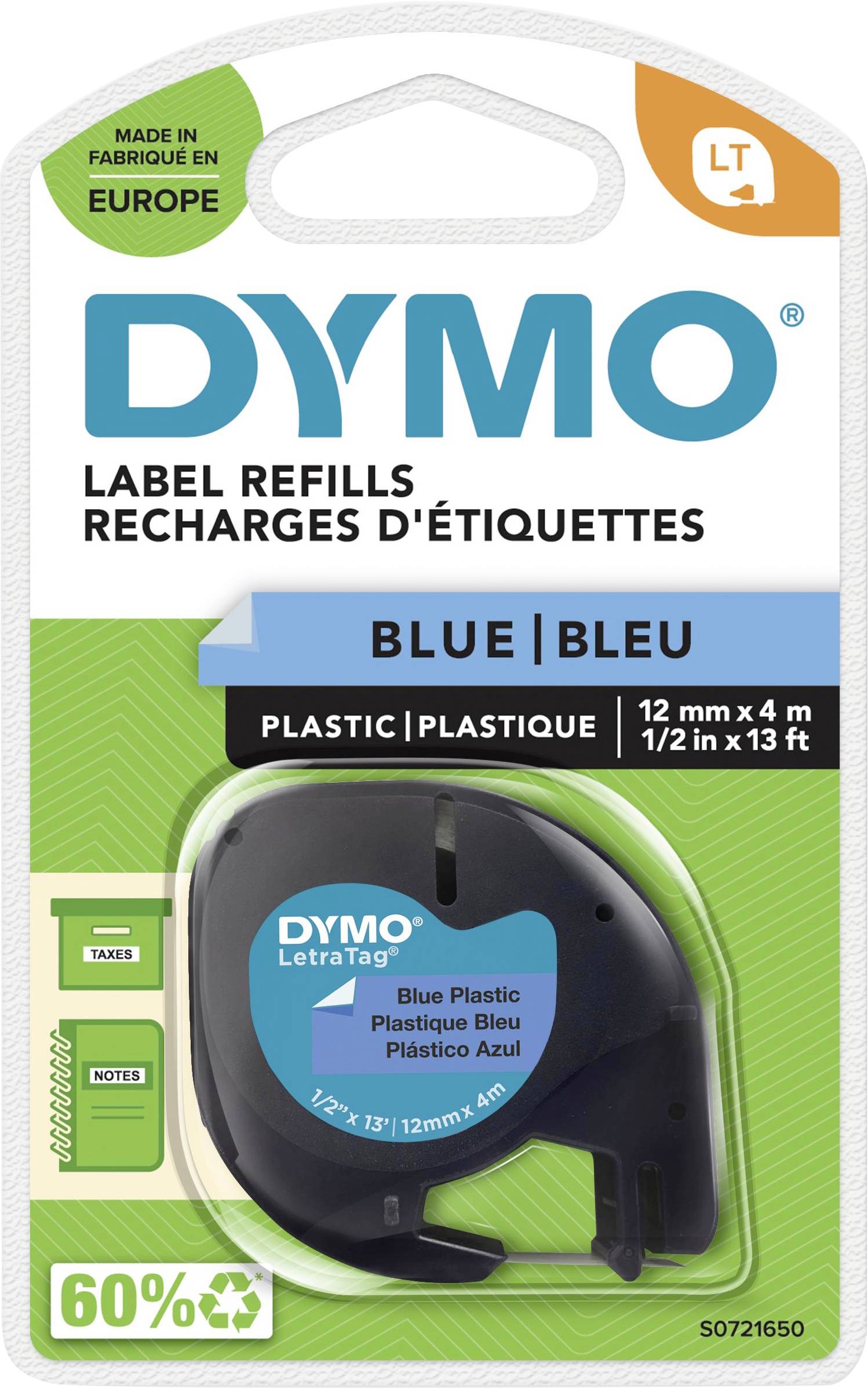 'DYMO LetraTag' Nachfüllband für Etiketten in Blau, aus Kunststoff, mit den Maßen 12 mm x 4 m. Verpackt in Europa hergestellt.