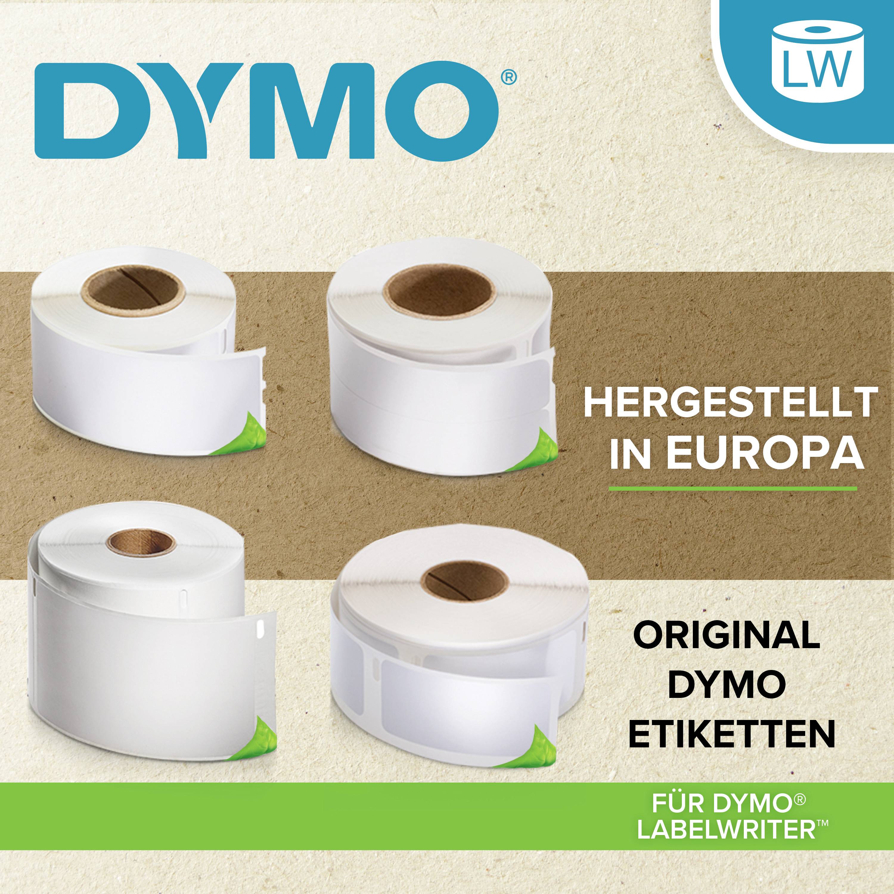 'DYMO' Rollen von Etiketten, 'Hergestellt in Europa'. Text: 'Original DYMO Etiketten', 'Für DYMO LabelWriter'. Hintergrund in braun.