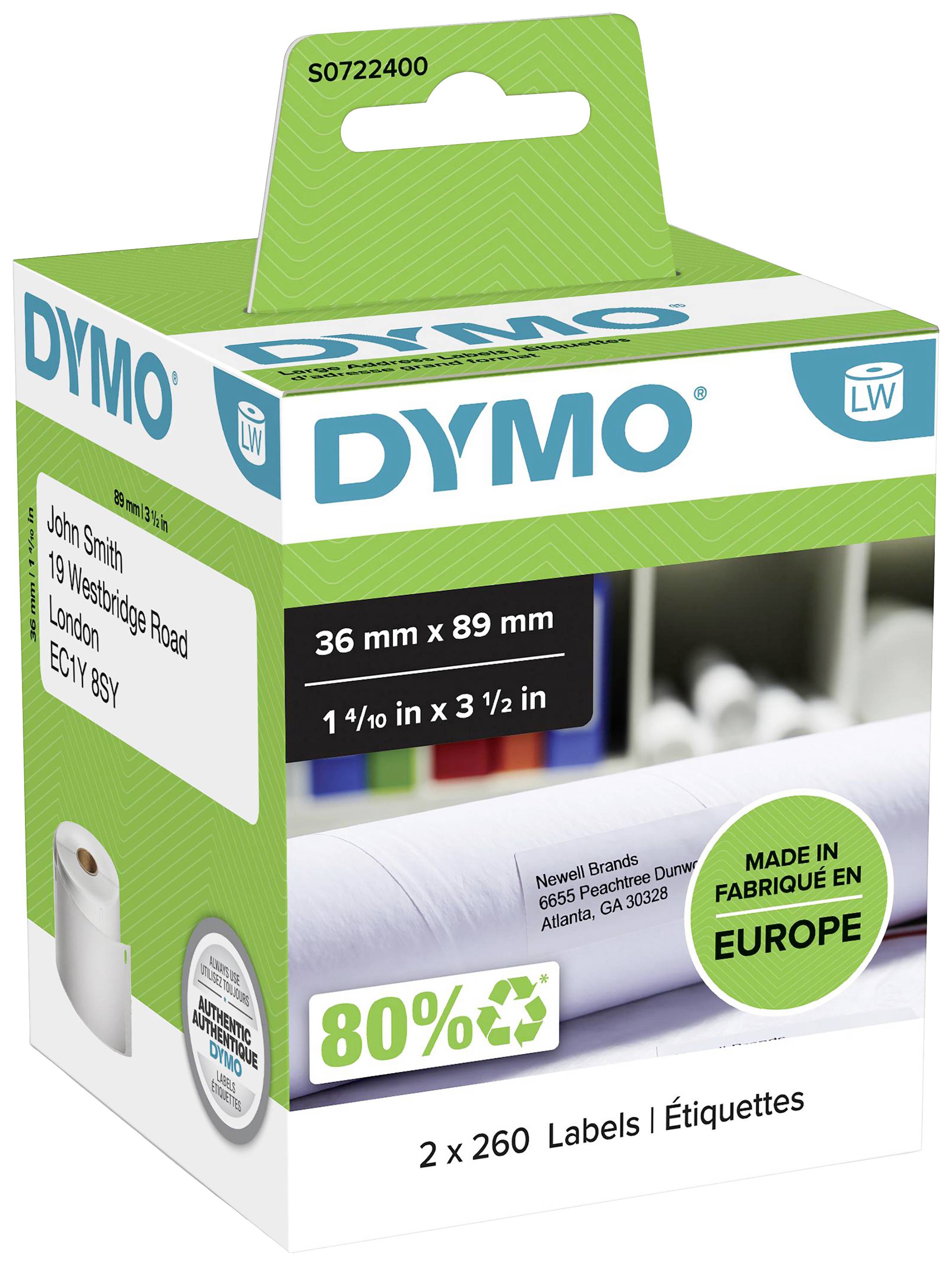 DYMO Etikettenkarton, 36 mm x 89 mm, 2 x 260 Etiketten, 80 % recycelbar, hergestellt in Europa.