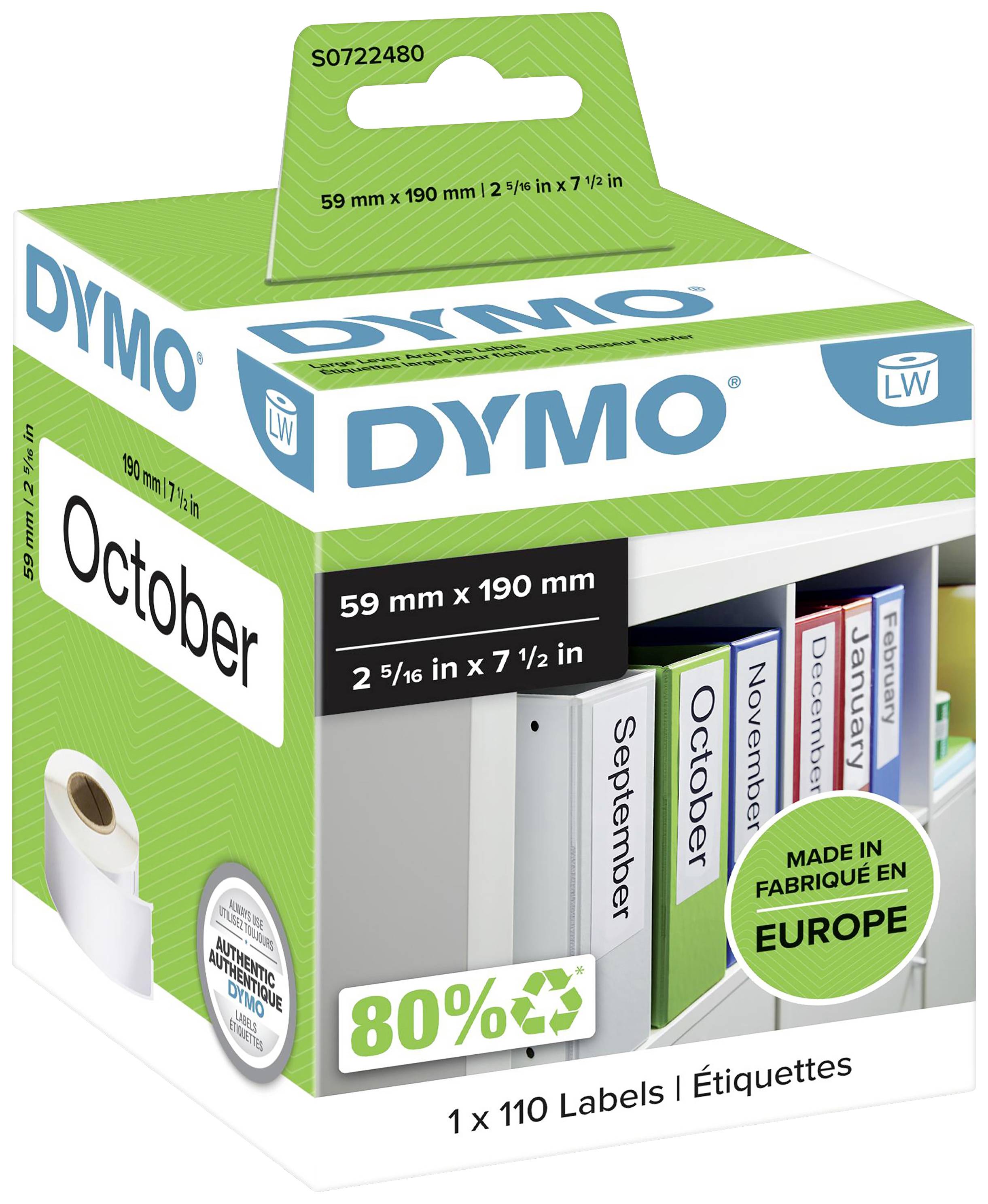 Verpackung von Dymo-Etiketten mit 110 Labels, 59 mm x 190 mm, 80% recycelbar, Made in Europe. Hauptetikett zeigt 'October'.