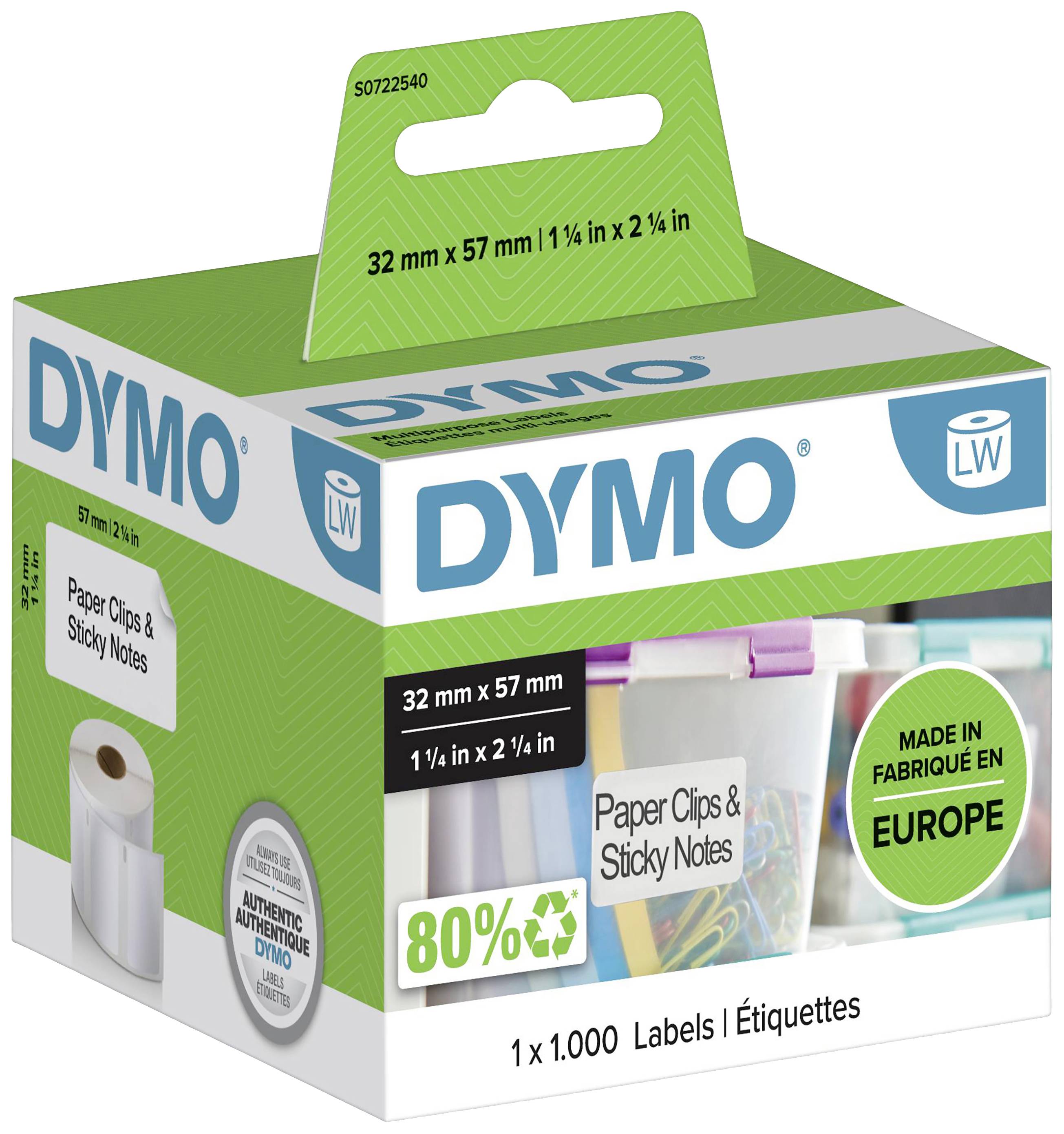 'DYMO'-Verpackung mit weißen Papieretiketten (32 mm x 57 mm). Enthält 1.000 Etiketten. Hinweis: 'Hergestellt in Europa'.