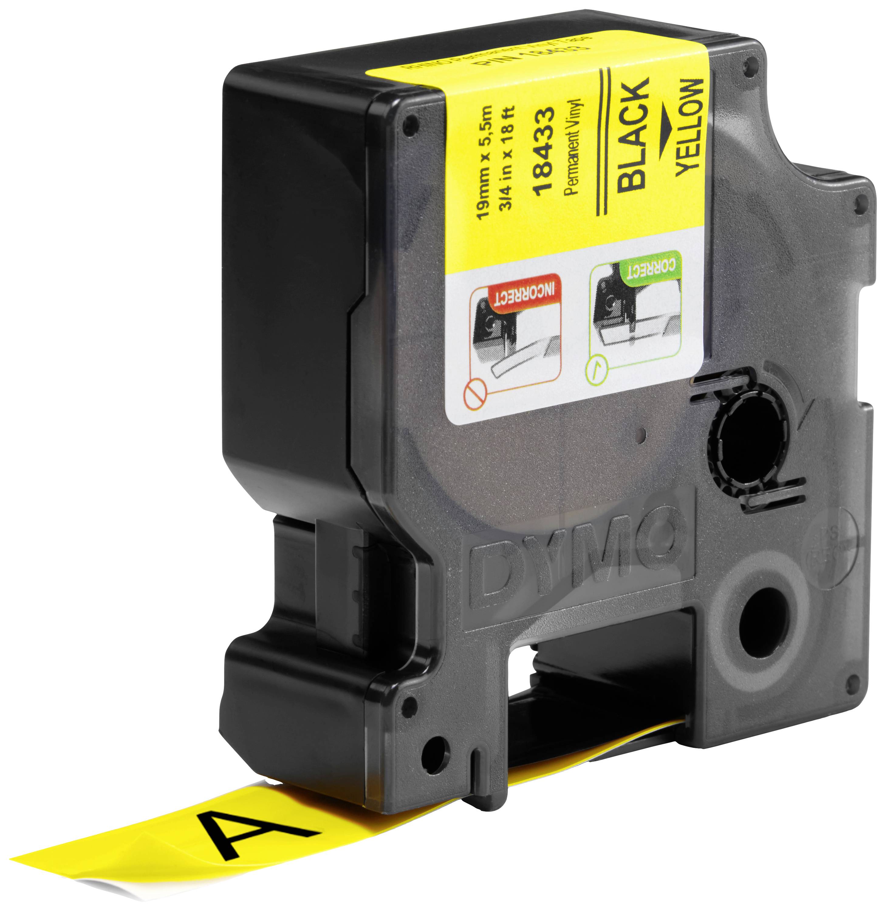 Schwarzes Etikettenband mit gelber Beschriftung für DYMO-Drucker. Text 'BLACK/YELLOW', Artikelnummer 18433. Band zeigt Buchstabe 