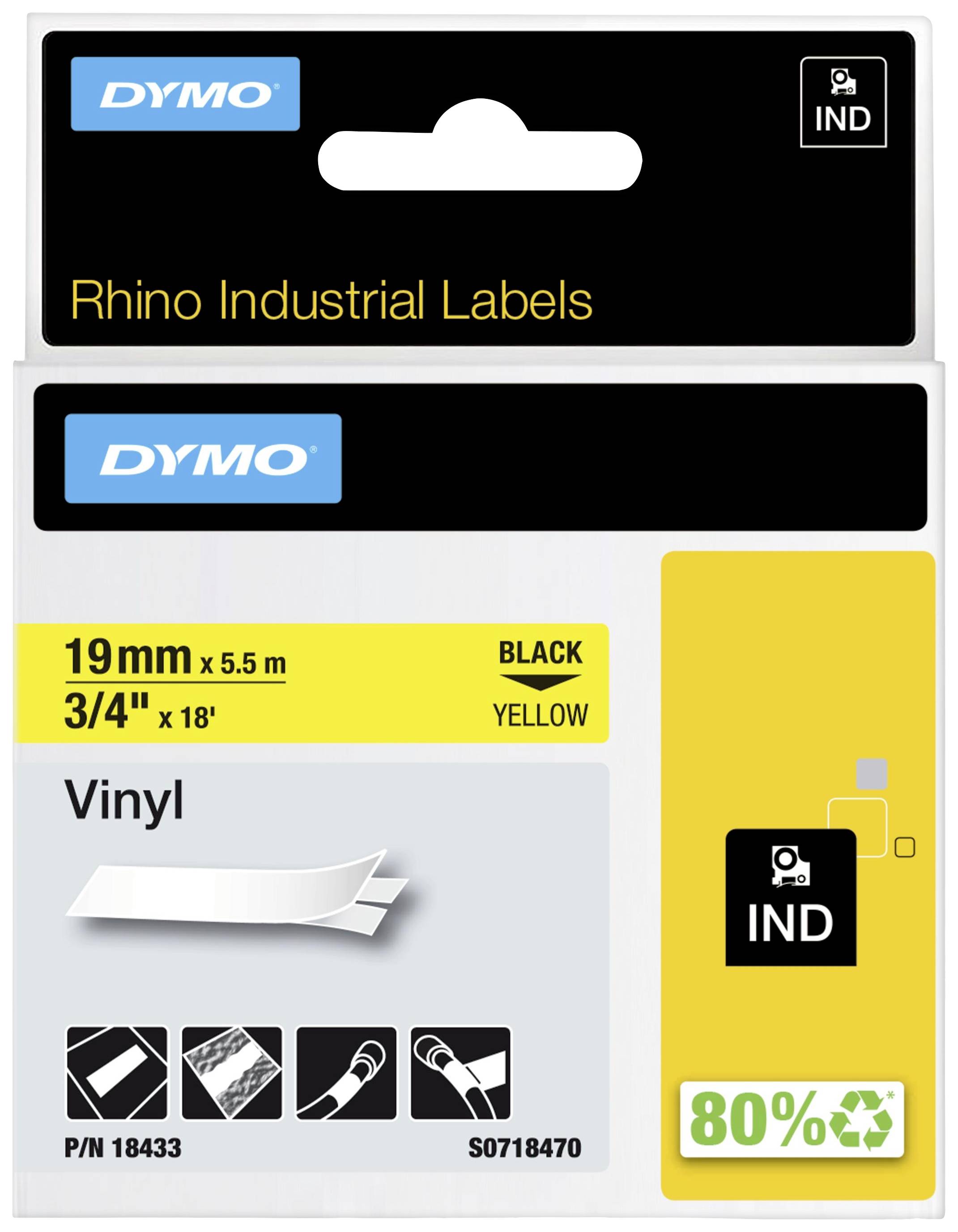 Eine Verpackung für Rhino Industrieklebeband mit den Maßen 19mm x 5,5m. Farbe: schwarz auf gelb. Material: Vinyl.