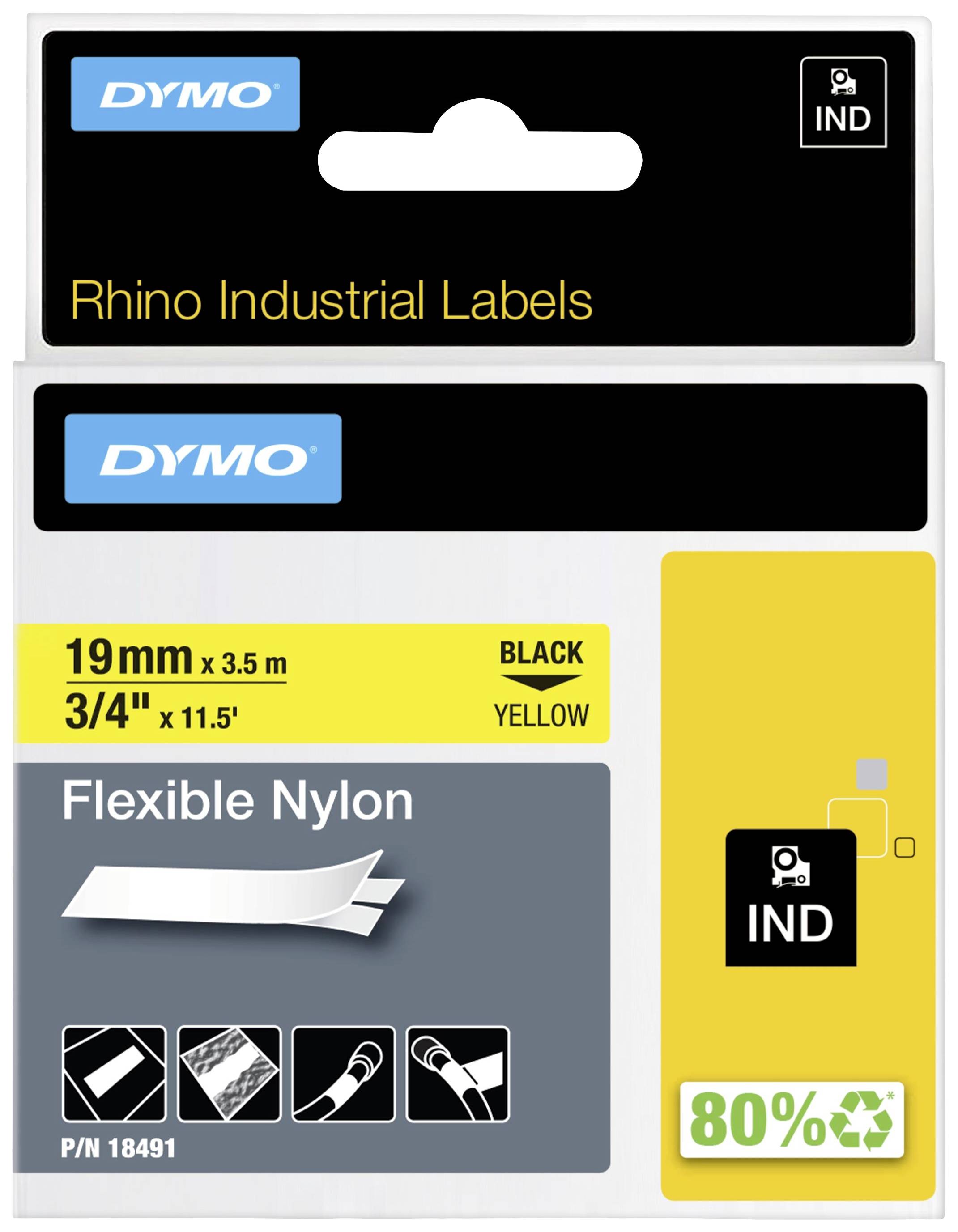 Verpackung für 'Dymo Rhino Industrial Labels': 19mm x 3,5m schwarzer Text auf gelbem Hintergrund. Hergestellt aus flexiblem Nylon.