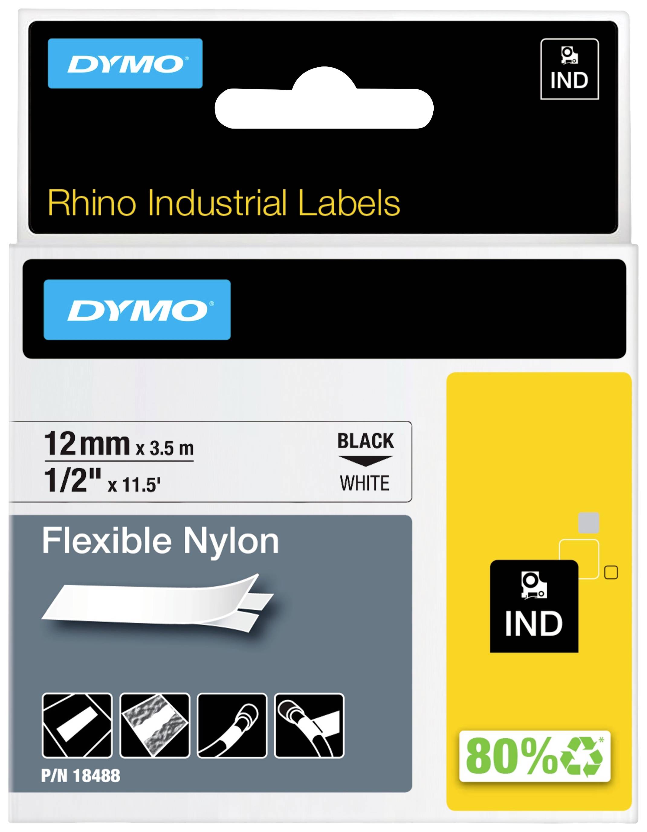 'DYMO Rhino Industrial Labels' Verpackung. Enthält schwarze 12mm x 3,5m flexible Nylonbänder. Hinweis auf 80% Rezyklatanteil.