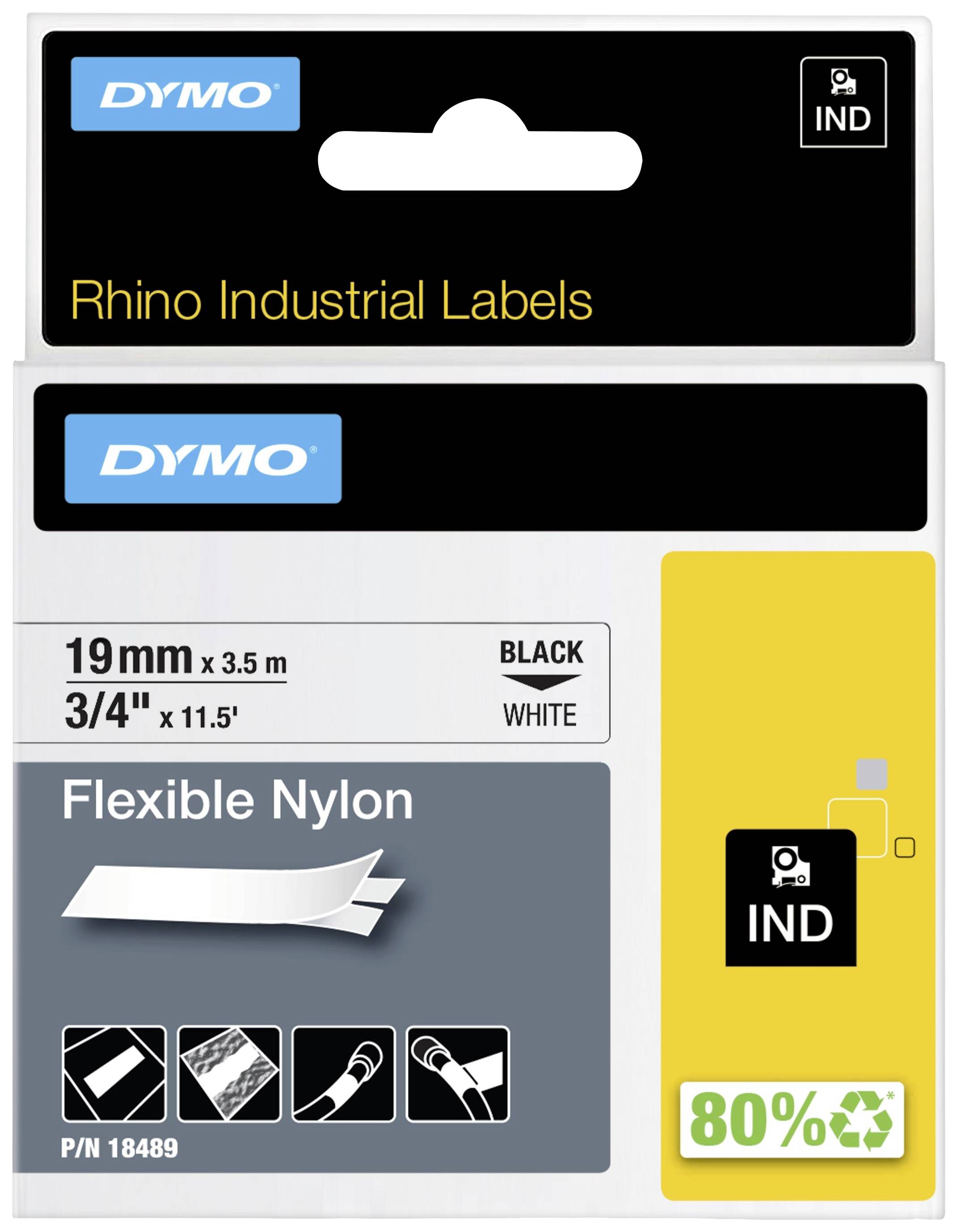 Verpackung eines DYMO Rhino Industrial Labels. Details: 19mm x 3,5m, flexible Nylon, Farbe Schwarz auf Weiß, 80% recyceltes Material.