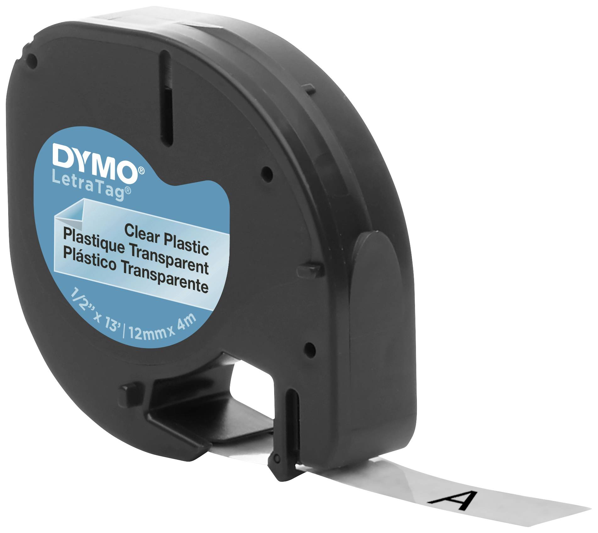 Etikettiergerät mit eingelegtem transparentem Band, das 'A' druckt. Marke 'DYMO LetraTag'.