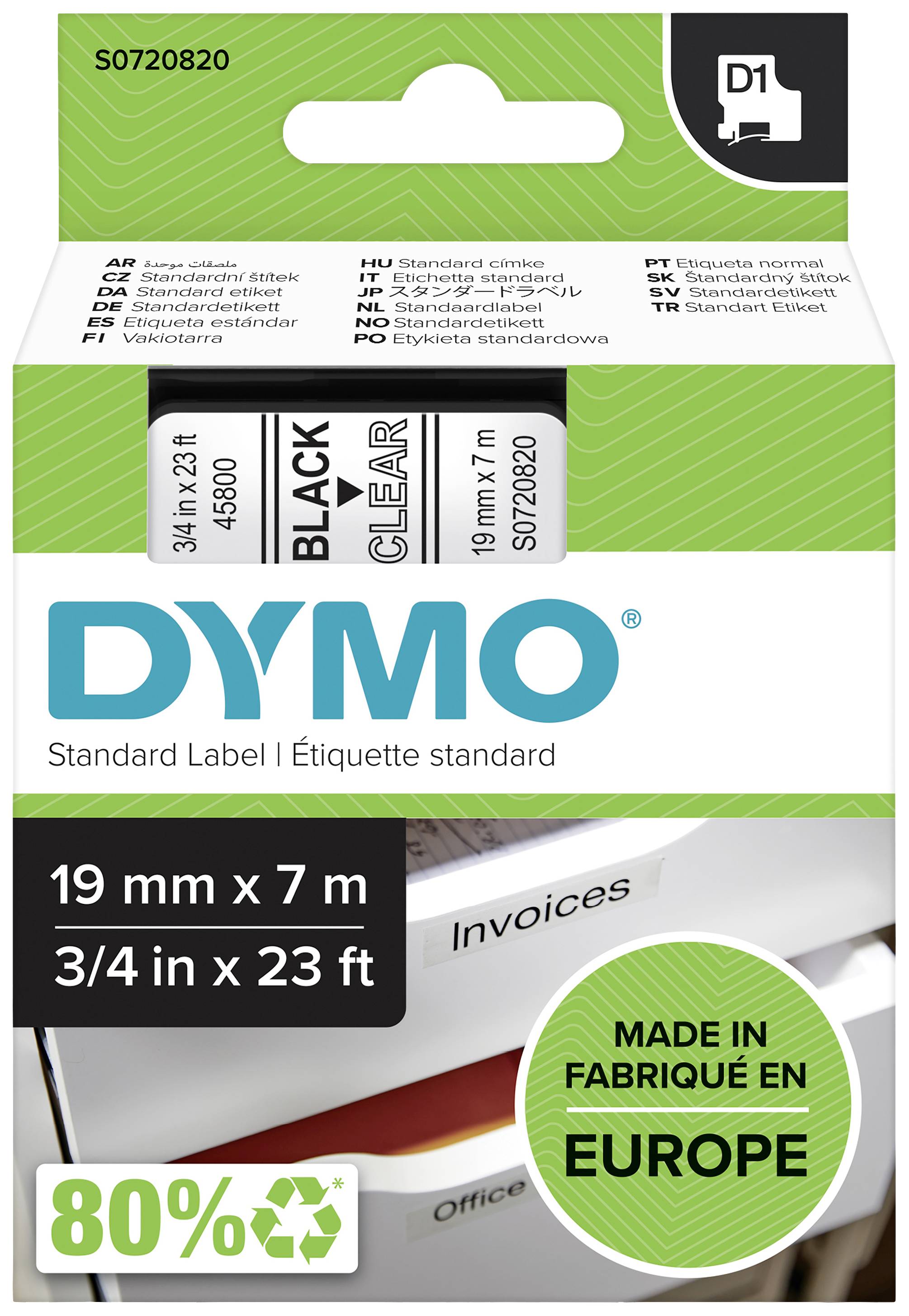 Etikettenband für Drucker, 19 mm x 7 m, schwarz auf weiß, hergestellt in Europa. Hinweis auf 80 % Verwendung von umweltfreundlichem Material.