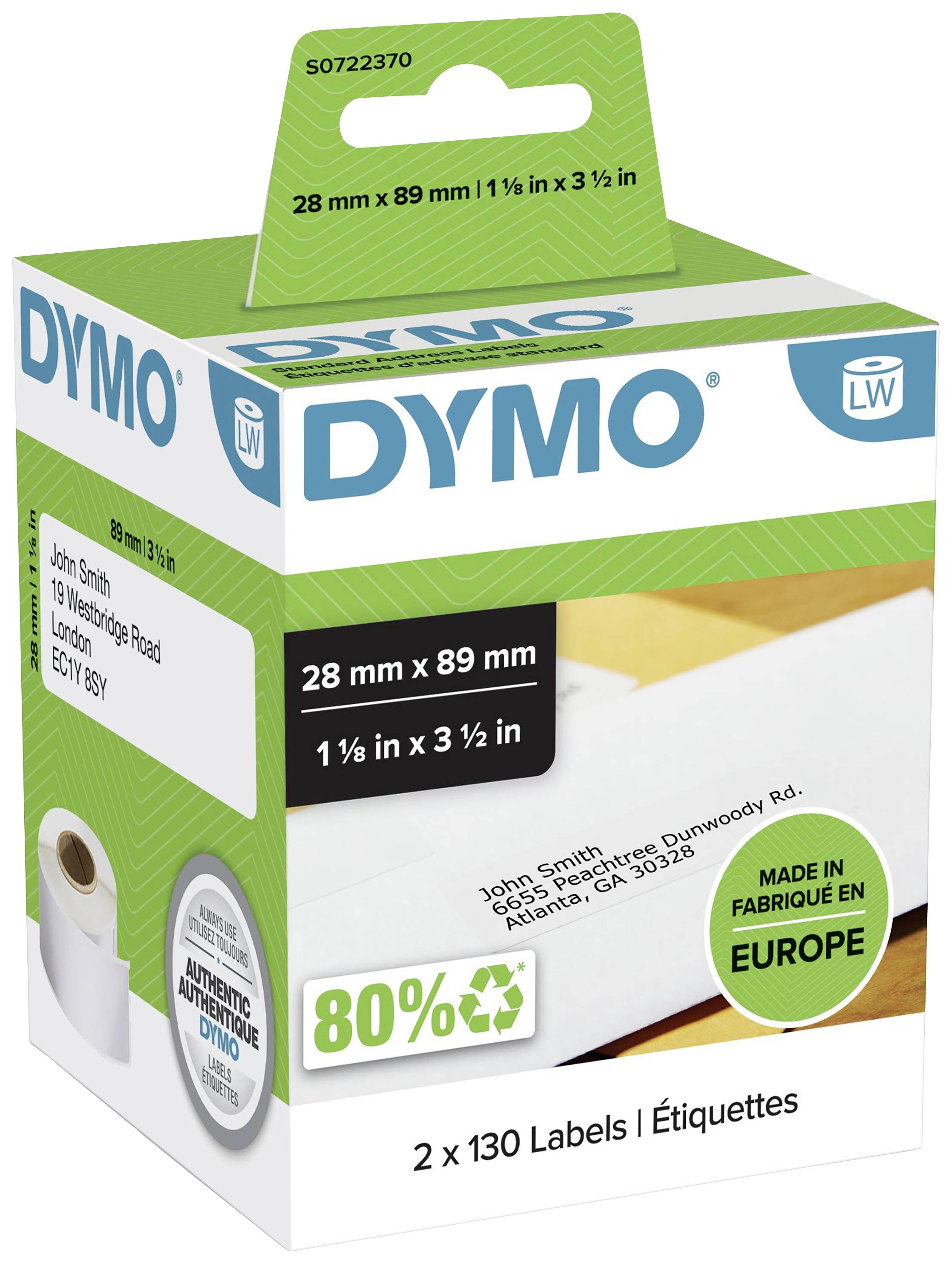 Verpackung einer DYMO-Etikettenrolle, 28 mm x 89 mm. Enthält 2 Rollen mit je 130 Etiketten. Hergestellt in Europa, recycelbar zu 80 %.