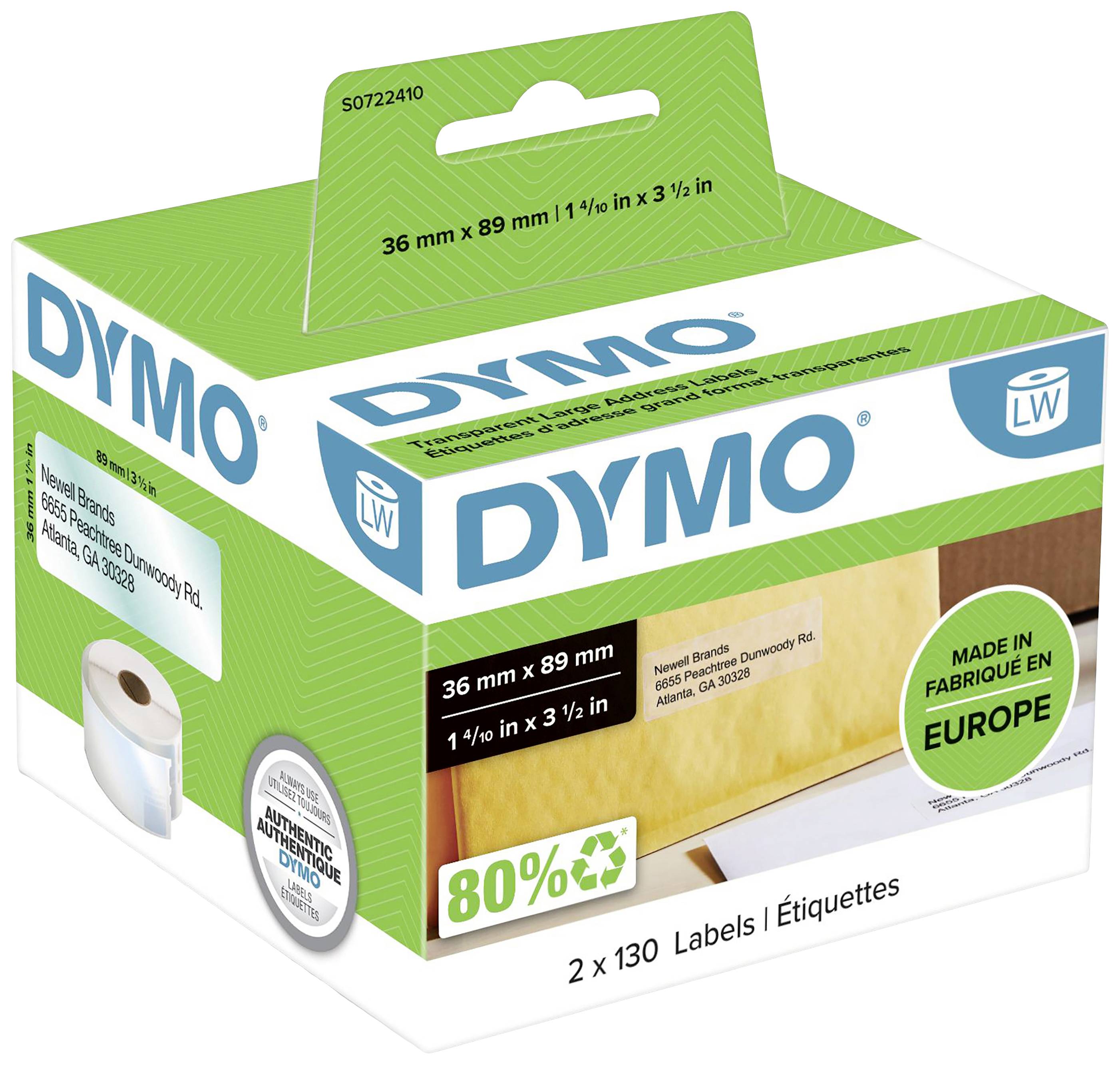 Kartonverpackung für Dymo-Etiketten mit grünen und weißen Akzenten, 80% Recyclinganteil, 2 Rollen, Maße 36 x 89 mm, aus Europa.