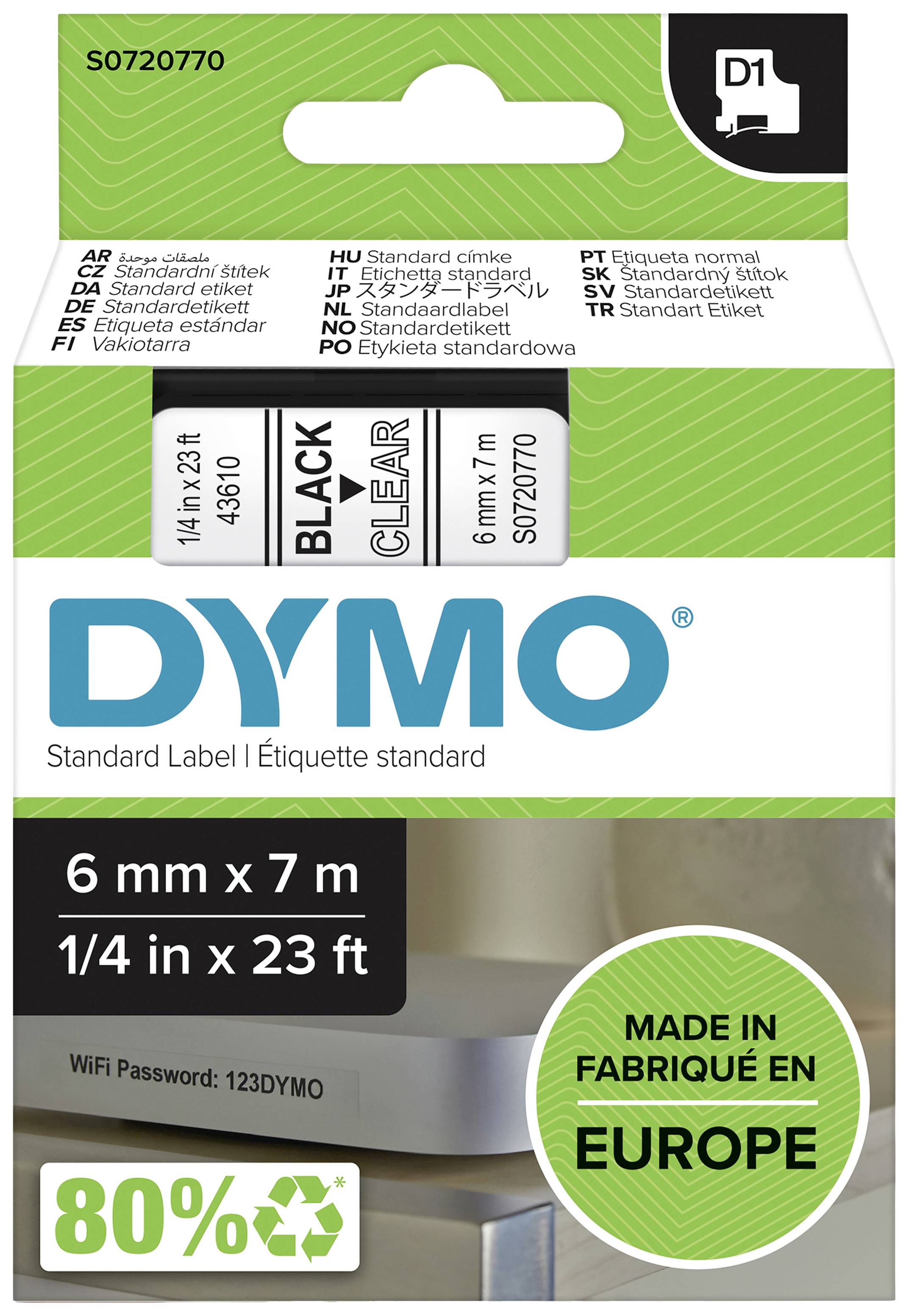 Verpackungsetikett für DYMO-Beschriftungsband. Enthält eine Rolle: schwarz/klar, 6 mm x 7 m. WiFi-Passwort: '123DYMO'. Made in Europe.
