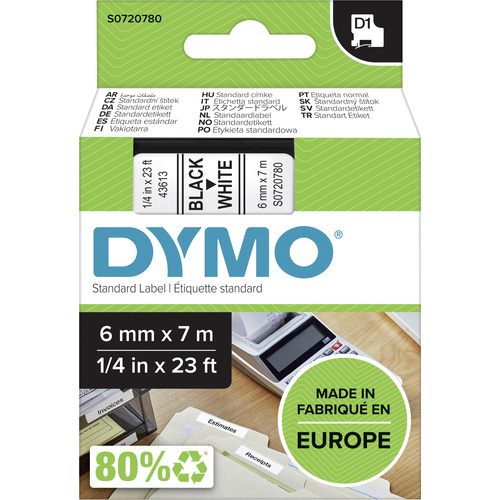 DYMO Schriftband D1 43613 Bandfarbe: Weiß Schriftfarbe:Schwarz 6mm 7m