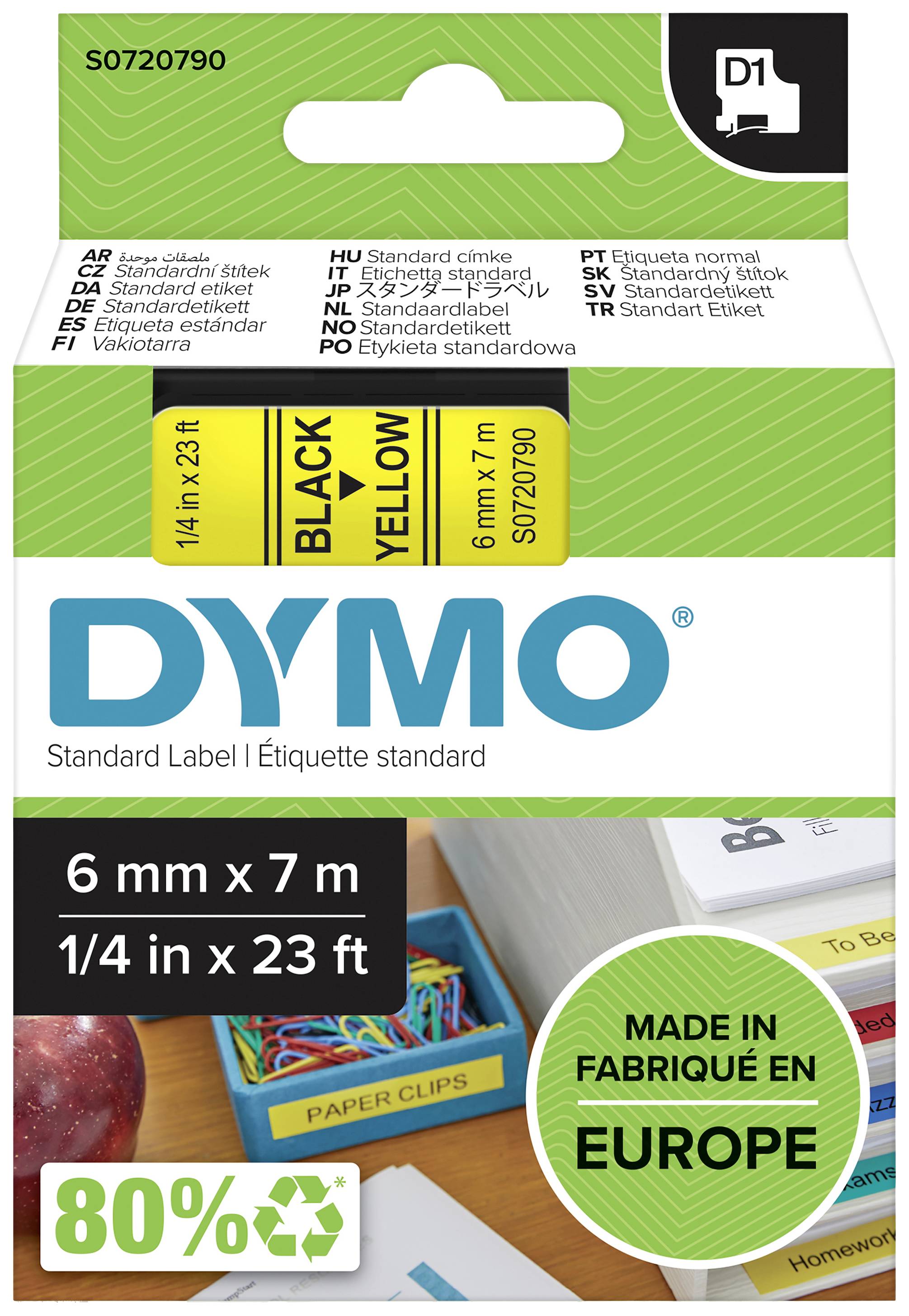Verpackung für DYMO Standardetiketten. Zeigt Maße '6 mm x 7 m', Farbe 'Schwarz auf Gelb', hergestellt in Europa, 80% recycelt.