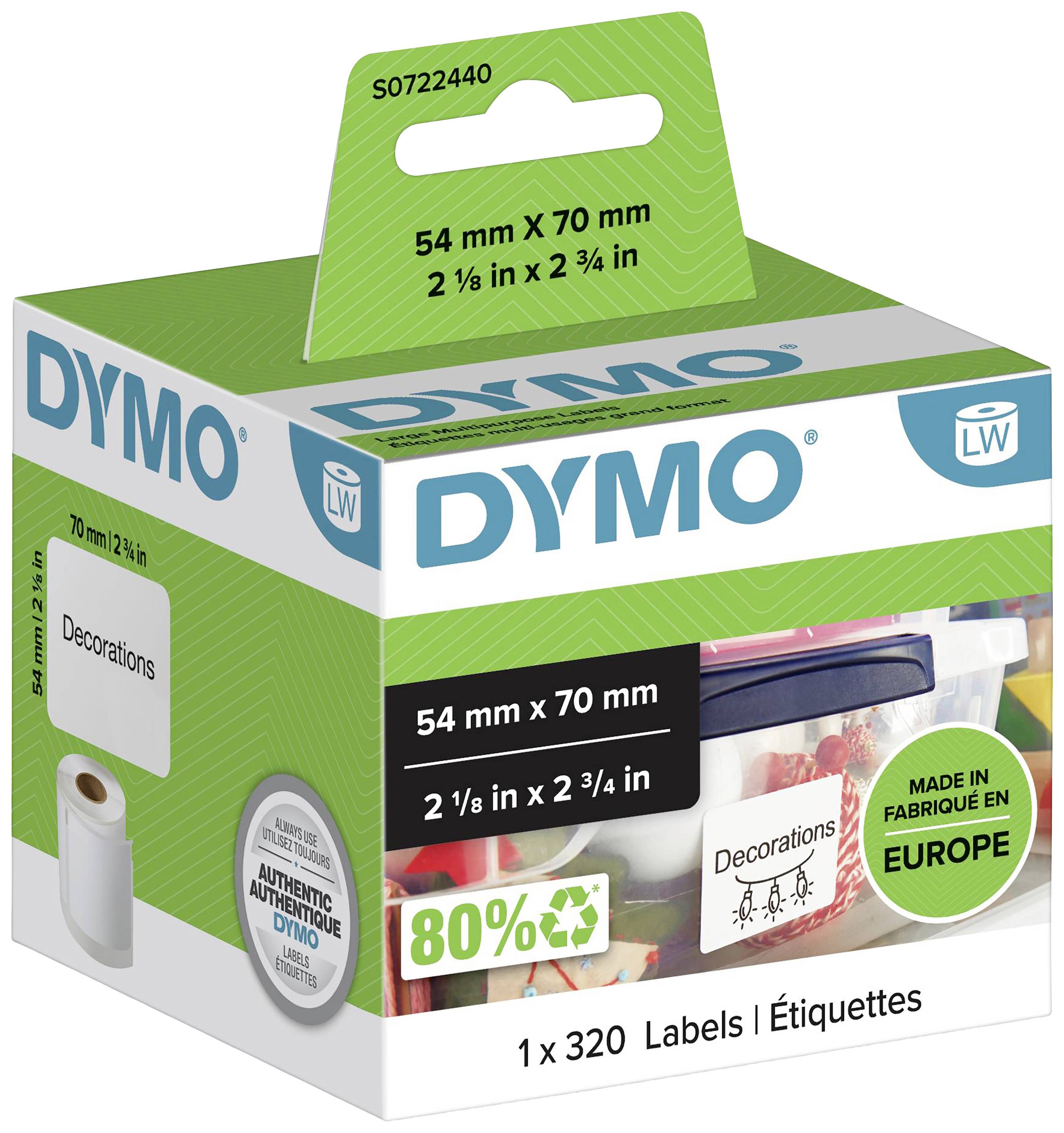 'DYMO' Etikettenschachtel mit 320 weißen Etiketten, Größe 54mm x 70mm. 80% recyceltes Material, hergestellt in Europa.