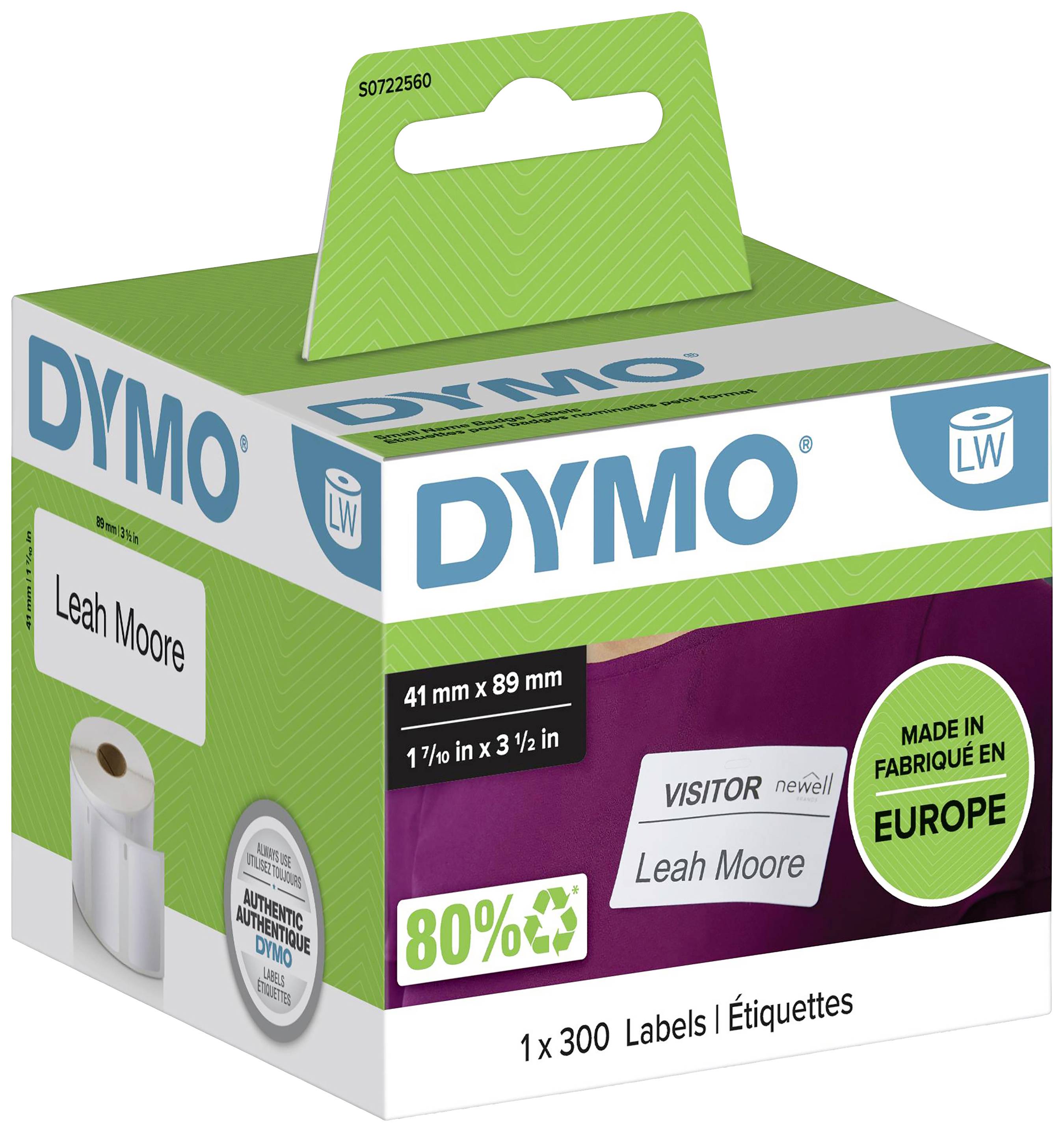 Verpackung von Dymo-Etiketten, 300 Stück, 41 x 89 mm, 80% recyceltes Material, 'Visitor' und 'Leah Moore' auf einem Etikett abgebildet.